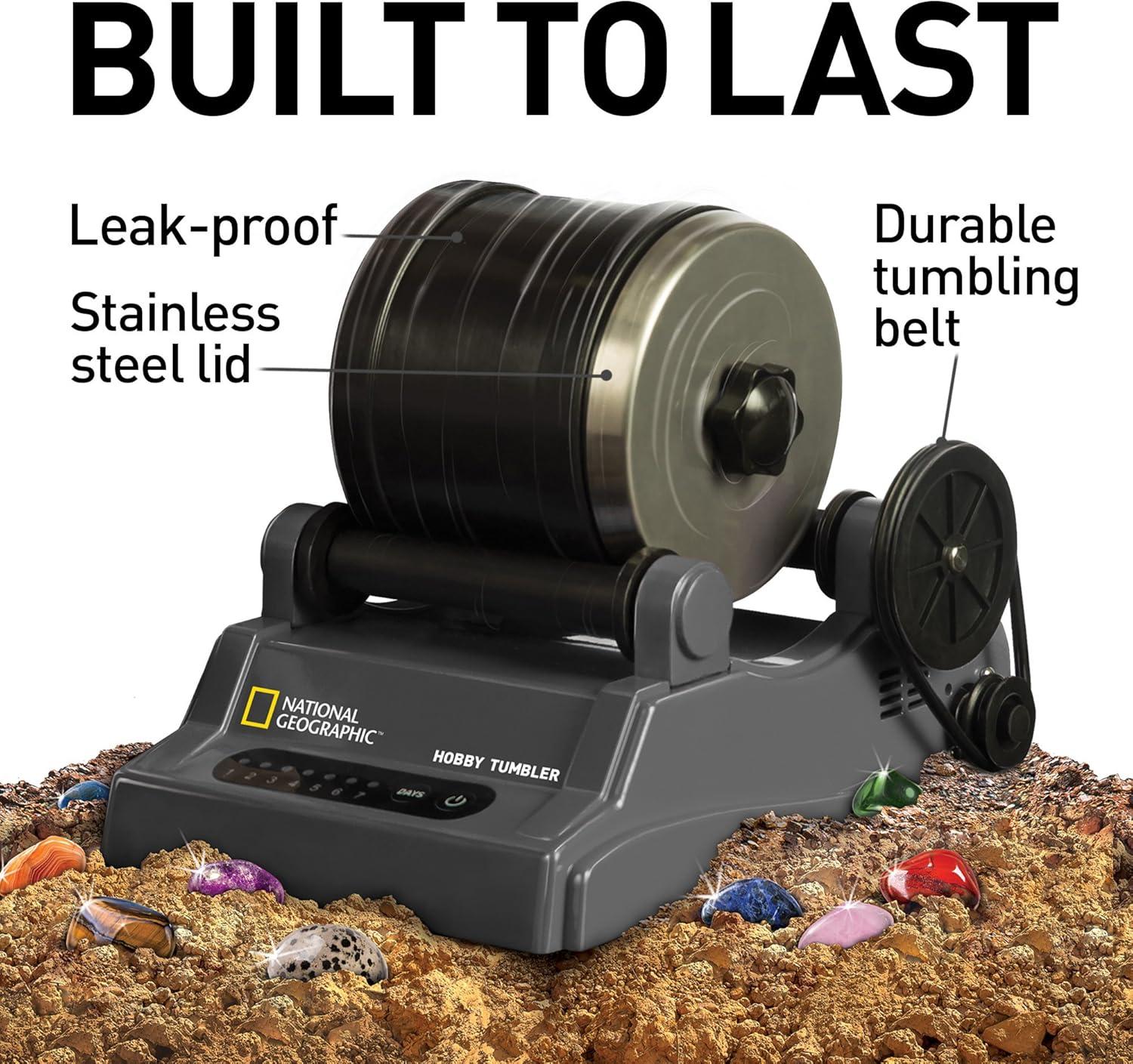 National Geographic Hobby Rock Tumbler Kit – Durable Leak-Proof Rock Polisher with 7-Day Timer, Complete Rock Tumbling Kit with Grit, Jewelry Settings & GemFoam Polish, Educational STEM Science Kit(Hobby Kit with 2 lbs. Rocks)
