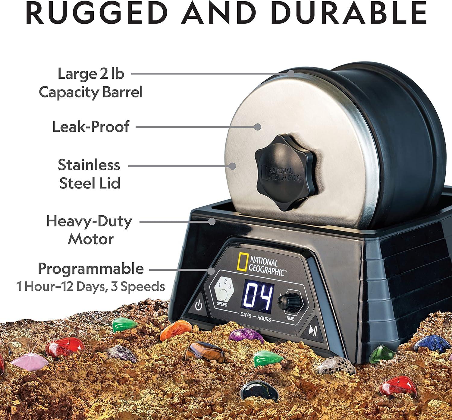 NATIONAL GEOGRAPHIC Professional Rock Tumbler Kit – Complete Rock Tumbler for Adults & Kids with Durable 2 Lb. Barrel, Rocks, Grit, and Patented GemFoam Finishing Foam Polish, Rock Polisher(Pro Kit with 9-Day Timer)
