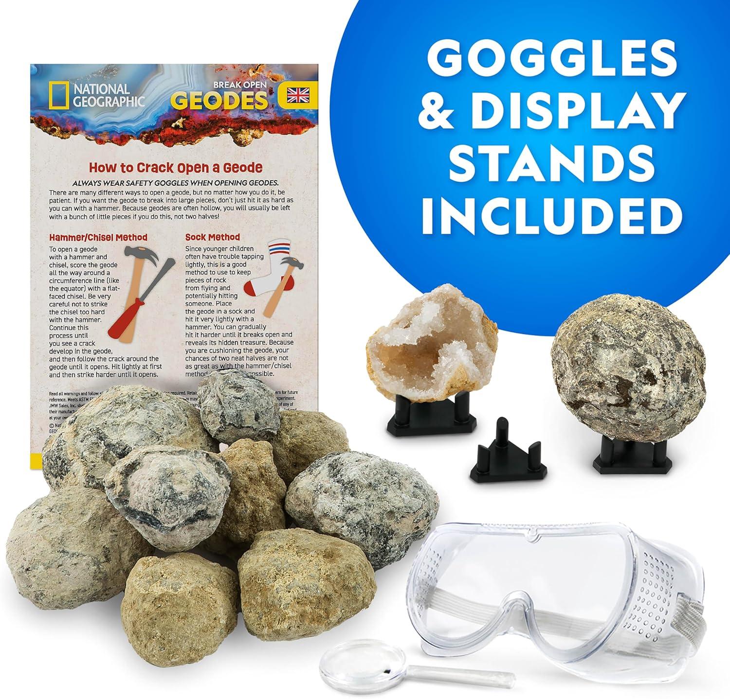 National Geographic Break Open 15 Premium Geodes Science Kit – Includes Goggles & 3 Display Stands – Great STEM Science Kit, Geology Gift for Kids, Break Your Own Geodes with Crystals