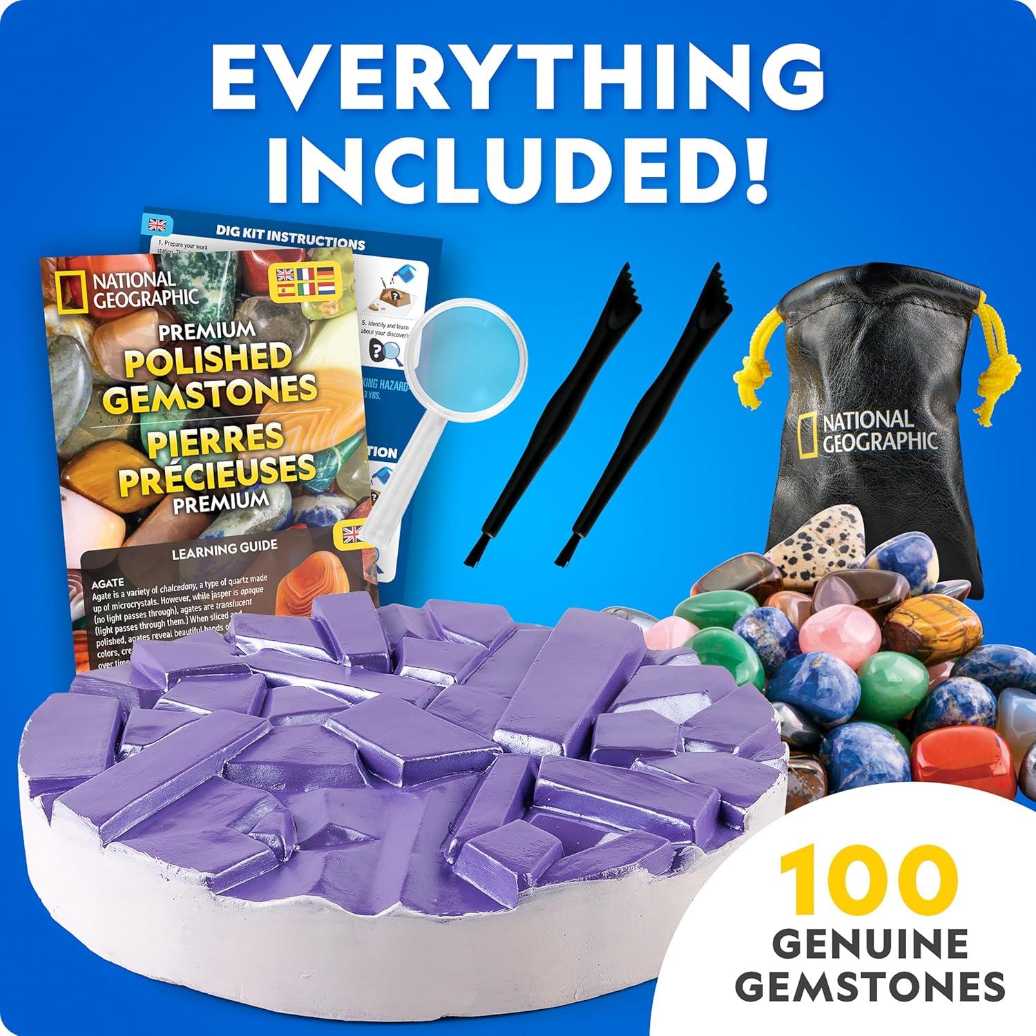 National Geographic Gigantic Gemstone Dig Kit – Excavate 100 Real Gems from a Giant Dig Brick, Gem Mining Kit for Kids, STEM Rock Collection Activity, Includes Tools & Learning Guide(100 Stunning Gems)
