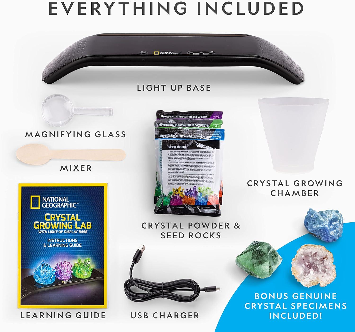 National Geographic Crystal Growing Kit – 3 Vibrant Colored Crystals to Grow with Light-Up Display Stand, Science Toy for Girls and Boys Ages 8-12, Includes 3 Gems, Cool STEM Gift (Amazon Exclusive)(3 Vibrant Colored Crystals)