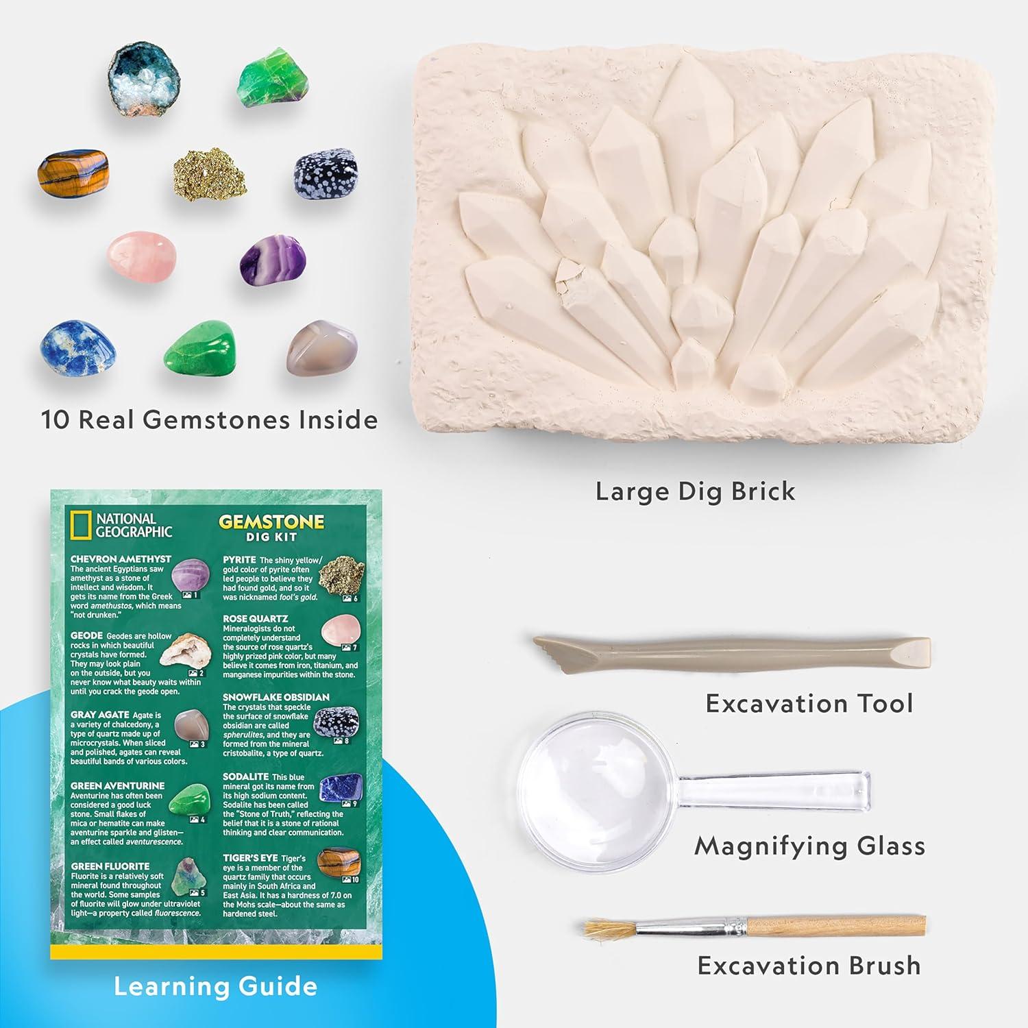 National Geographic Gemstone Dig Kit – Dig Up 10 Real Gemstones and Crystals, Science Kit for Kids, Gem Digging Kit, Gift for Girls and Boys, Mining Kit, Rock Collection(10-gem Brick)