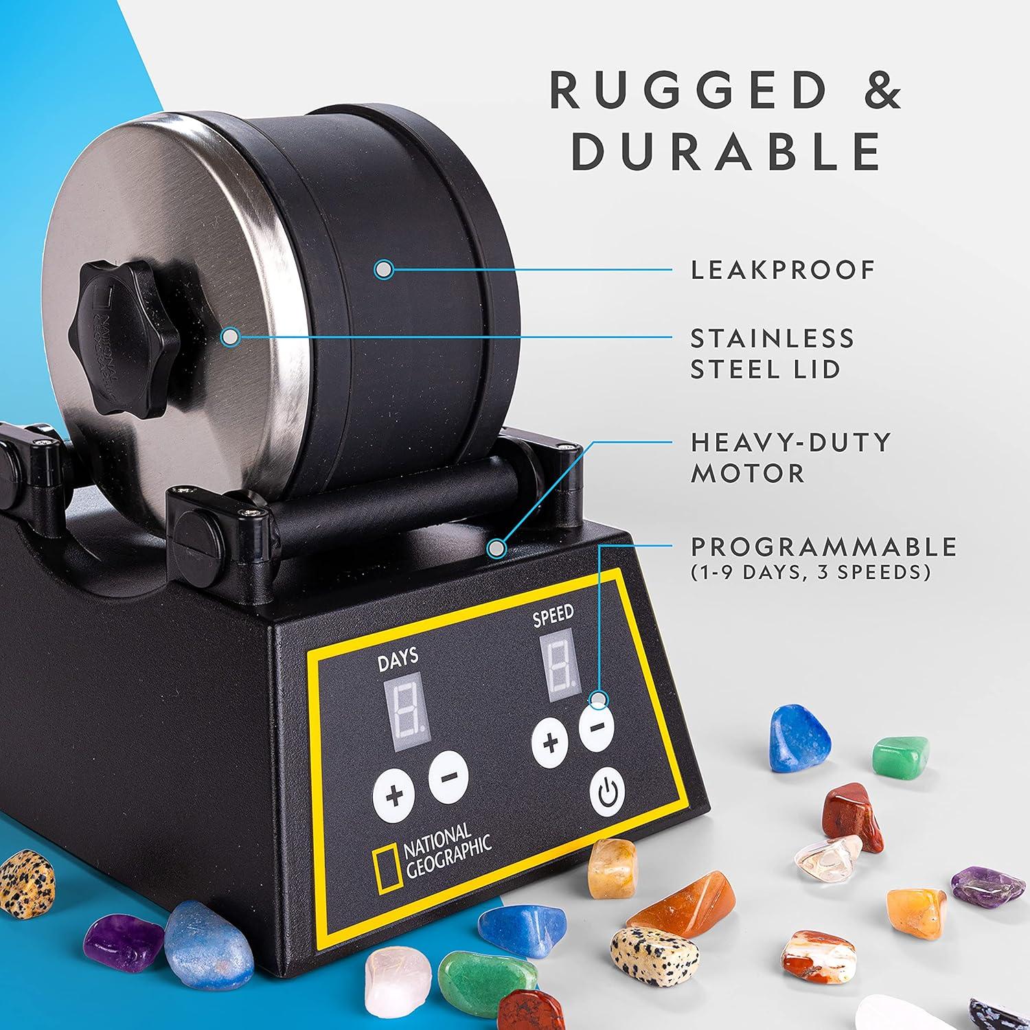 NATIONAL GEOGRAPHIC Professional Rock Tumbler Kit – Complete Rock Tumbler for Adults & Kids with Durable 2 Lb. Barrel, Rocks, Grit, and Patented GemFoam Finishing Foam Polish, Rock Polisher(Pro Kit with GemFoam)