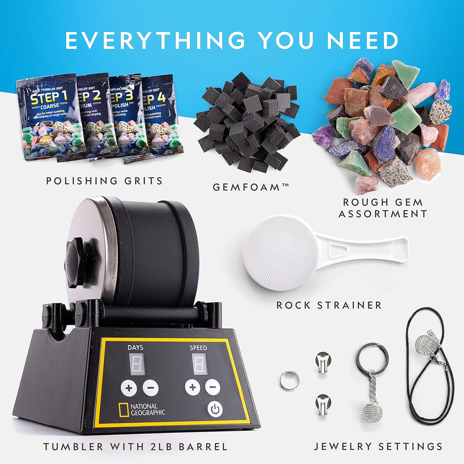 NATIONAL GEOGRAPHIC Professional Rock Tumbler Kit – Complete Rock Tumbler for Adults & Kids with Durable 2 Lb. Barrel, Rocks, Grit, and Patented GemFoam Finishing Foam Polish, Rock Polisher(Pro Kit with GemFoam)