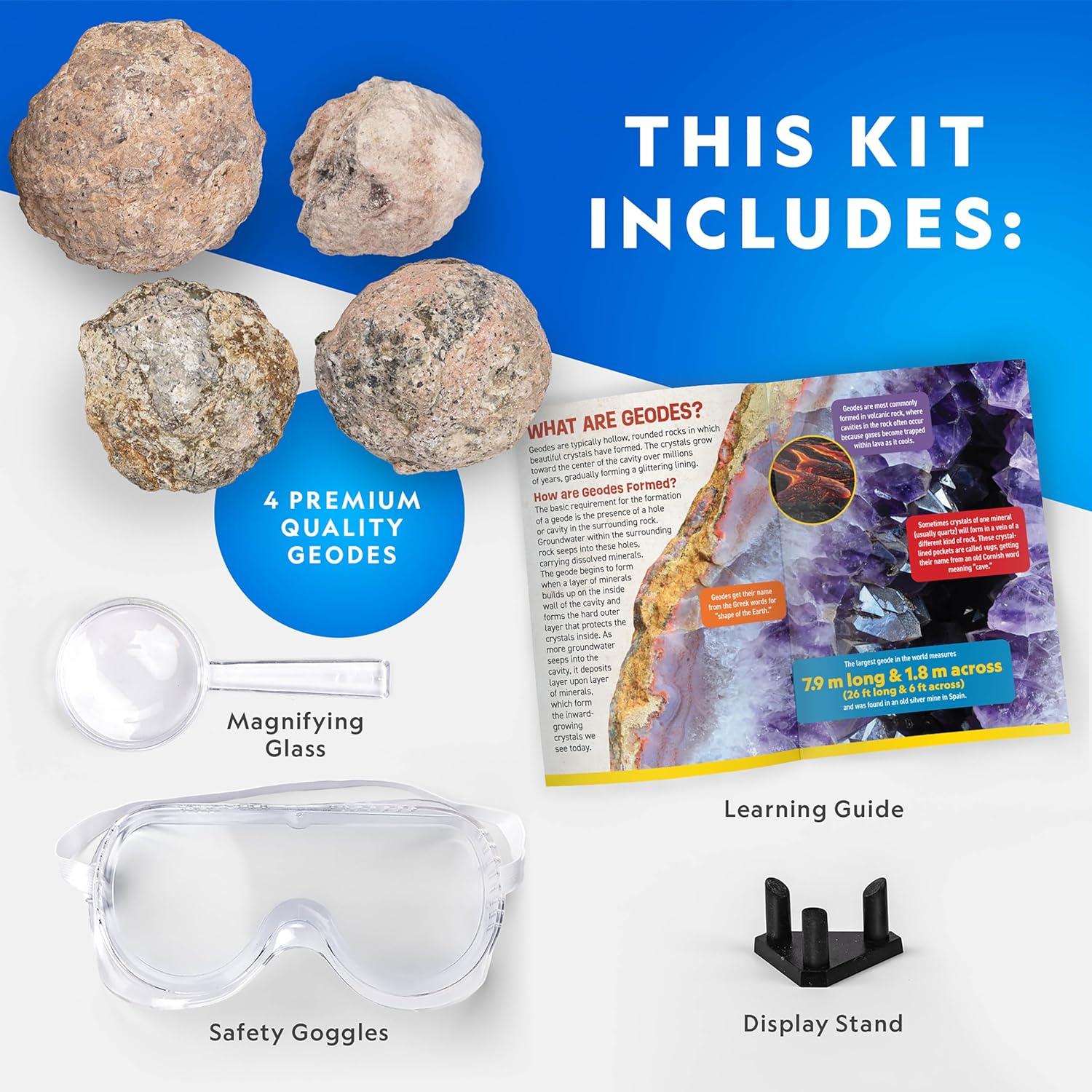 National Geographic Break Open 5 Jumbo Geodes – Earth Science Kit with 5 Premium, Extra-Large Geodes with Crystals, Goggles & Display Stands, Science Gifts, Fun Stuff for Kids (Amazon Exclusive)(4 Geodes Kit)