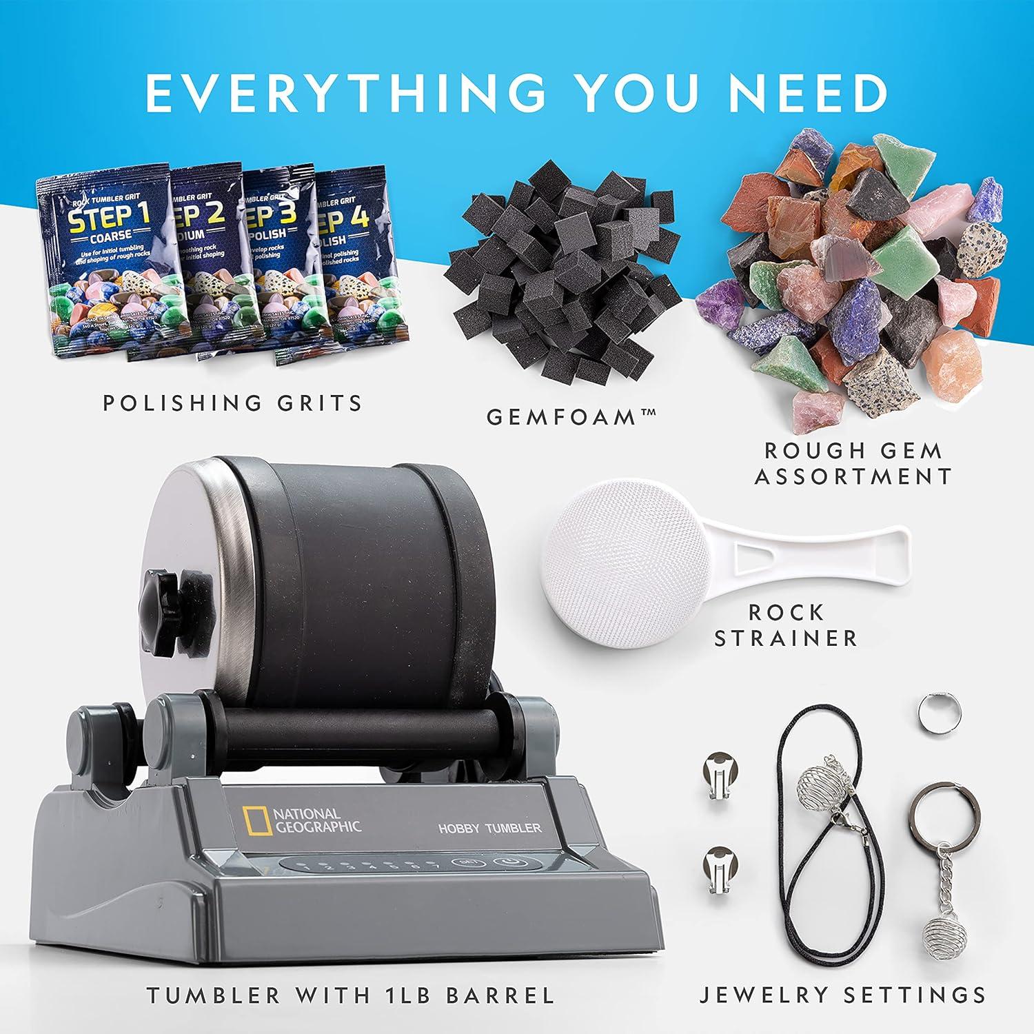 National Geographic Hobby Rock Tumbler Kit – Durable Leak-Proof Rock Polisher with 7-Day Timer, Complete Rock Tumbling Kit with Grit, Jewelry Settings & GemFoam Polish, Educational STEM Science Kit(Hobby Kit with GemFoam)