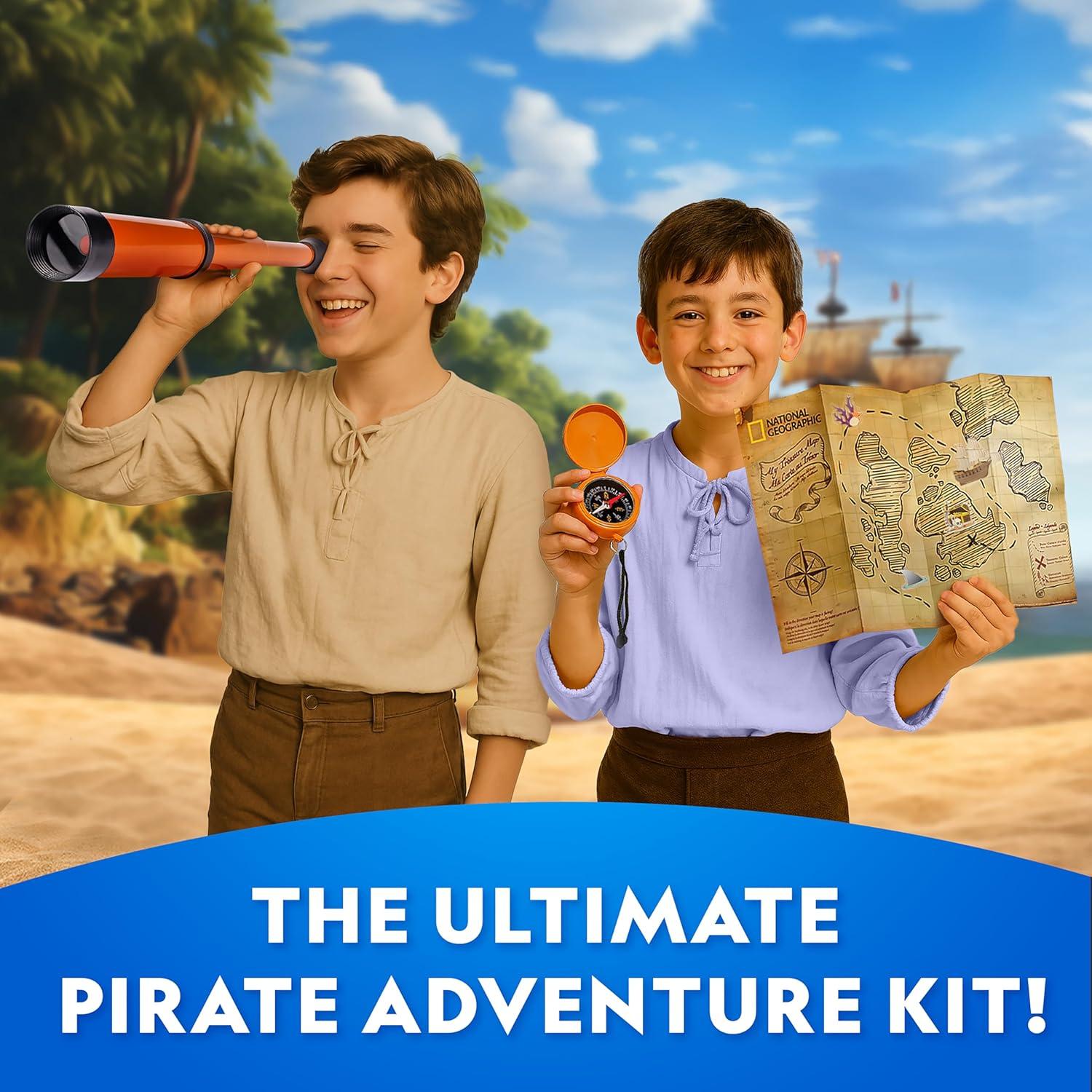 National Geographic Pirate Adventure Activity Kit – Dig for Treasure, Make a Pirate Hat & Map, Includes Spyglass, Compass, Replica Doubloon & Pyrite, STEM Toys, Telescope for Kids(Pirate Adventure Kit)