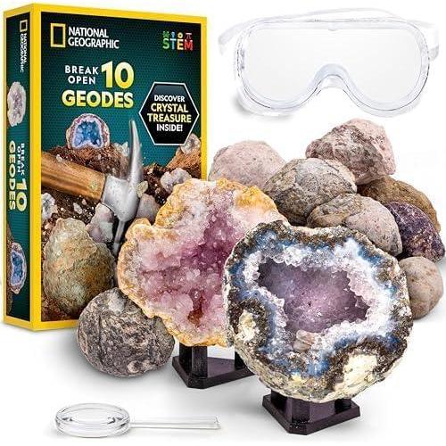 National Geographic Break Open 5 Jumbo Geodes – Earth Science Kit with 5 Premium, Extra-Large Geodes with Crystals, Goggles & Display Stands, Science Gifts, Fun Stuff for Kids (Amazon Exclusive)(10 Geodes Kit)