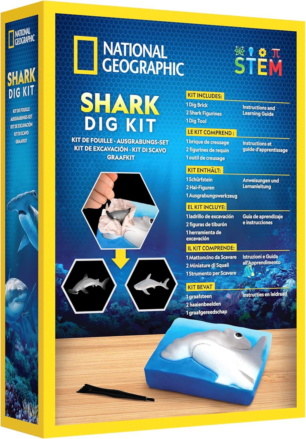 NATIONAL GEOGRAPHIC Dino Fossil Dig Kit & Dinosaur Book for Kids- Excavate a Replica Dinosaur Tooth Fossil and Study Paleontology with a Full-Color Dinosaur Activity Book for Kids (Amazon Exclusive)(Shark Dig Kit)