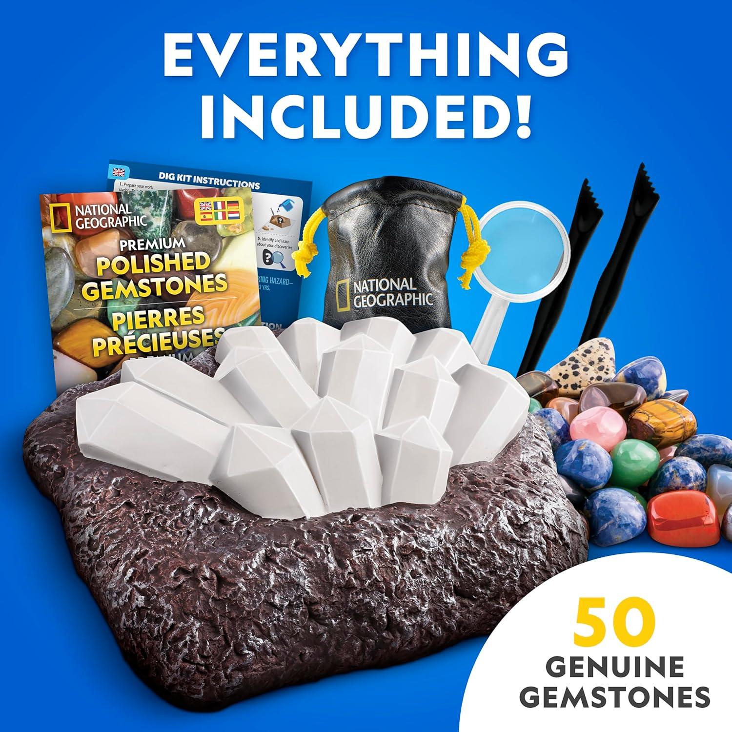 National Geographic Gemstone Dig Kit – Dig Up 10 Real Gemstones and Crystals, Science Kit for Kids, Gem Digging Kit, Gift for Girls and Boys, Mining Kit, Rock Collection(50-gem Brick)