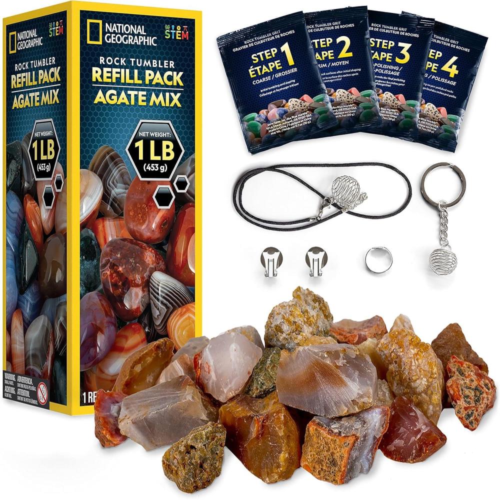 NATIONAL GEOGRAPHIC Rock Tumbler Refill Kit – 1 Lb. Madagascar Rocks for Tumbling with Rose Quartz, Red Jasper, Indigo Gabbro & More – Tumbler Supplies, Rock Polishing Grit and Jewelry Accessories(Agate Mix)