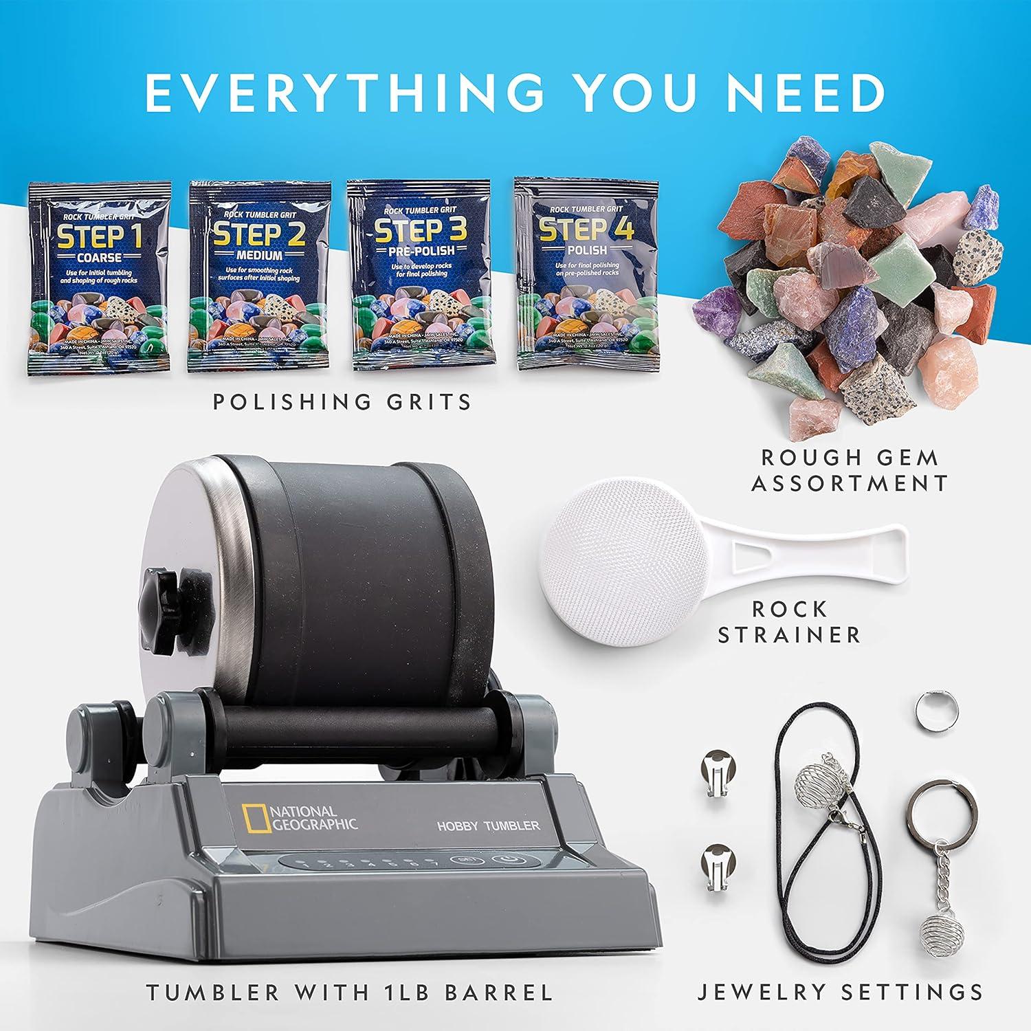 National Geographic Hobby Rock Tumbler Kit – Durable Leak-Proof Rock Polisher with 7-Day Timer, Complete Rock Tumbling Kit with Grit, Jewelry Settings & GemFoam Polish, Educational STEM Science Kit(Hobby Kit)
