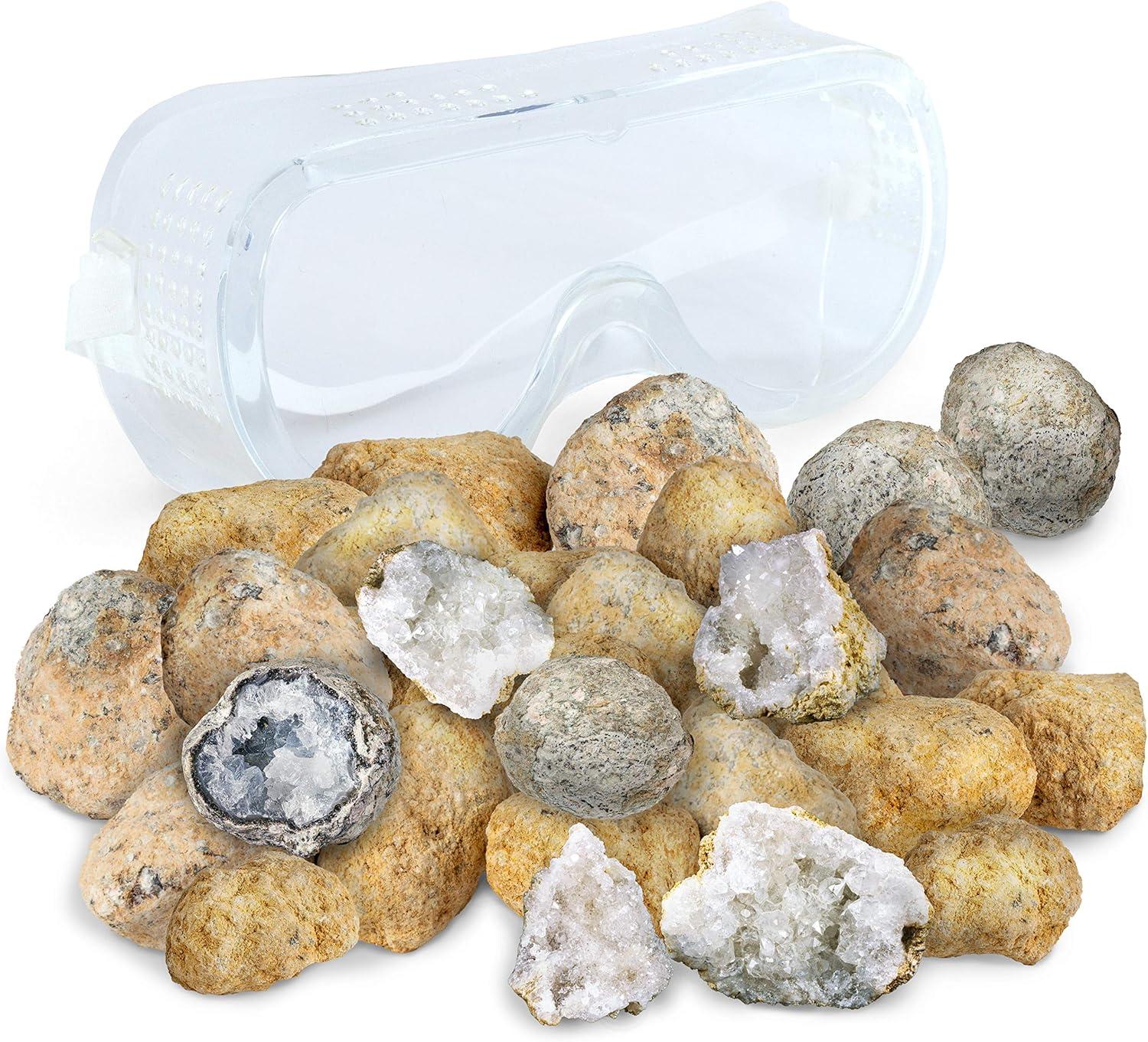 Break Your Own 25 Large (1″-3″) Premium Moroccan Geodes – Great Birthday Party Favors and a Fun Family Activity, Includes Safety Goggles