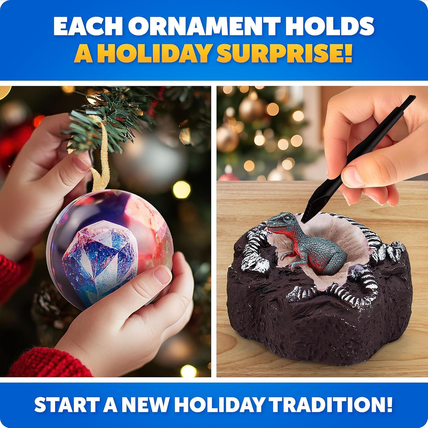 Blue Marble Science Surprise Christmas Ornament Kit for Kids- 4 Dig Kit Ornaments with Gemstone and Dinosaur Dig Bricks, Dino Digging Toys for Kids, Gem Excavation Stocking Stuffer for Boys and Girls(Dig Kit Ornaments)
