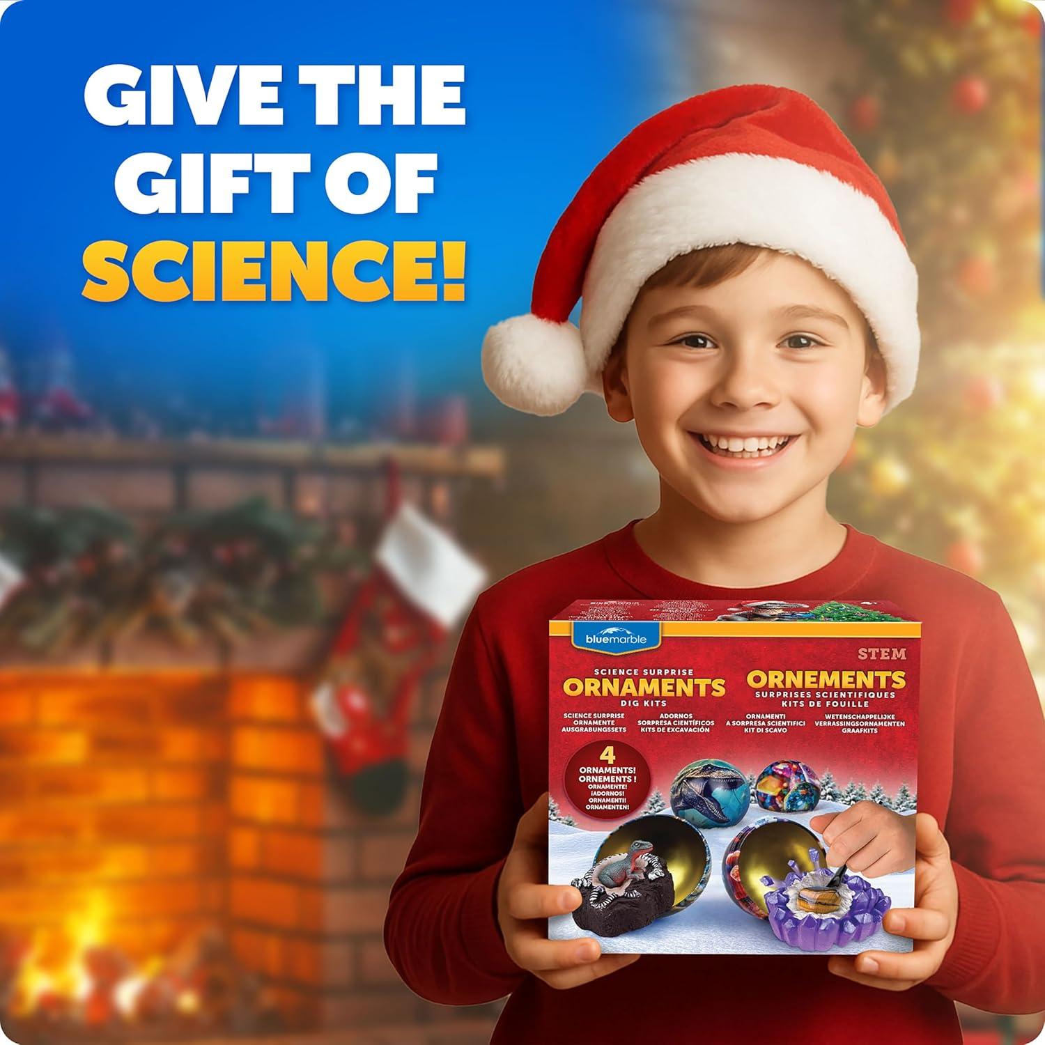 Blue Marble Science Surprise Christmas Ornament Kit for Kids- 4 Dig Kit Ornaments with Gemstone and Dinosaur Dig Bricks, Dino Digging Toys for Kids, Gem Excavation Stocking Stuffer for Boys and Girls(Dig Kit Ornaments)