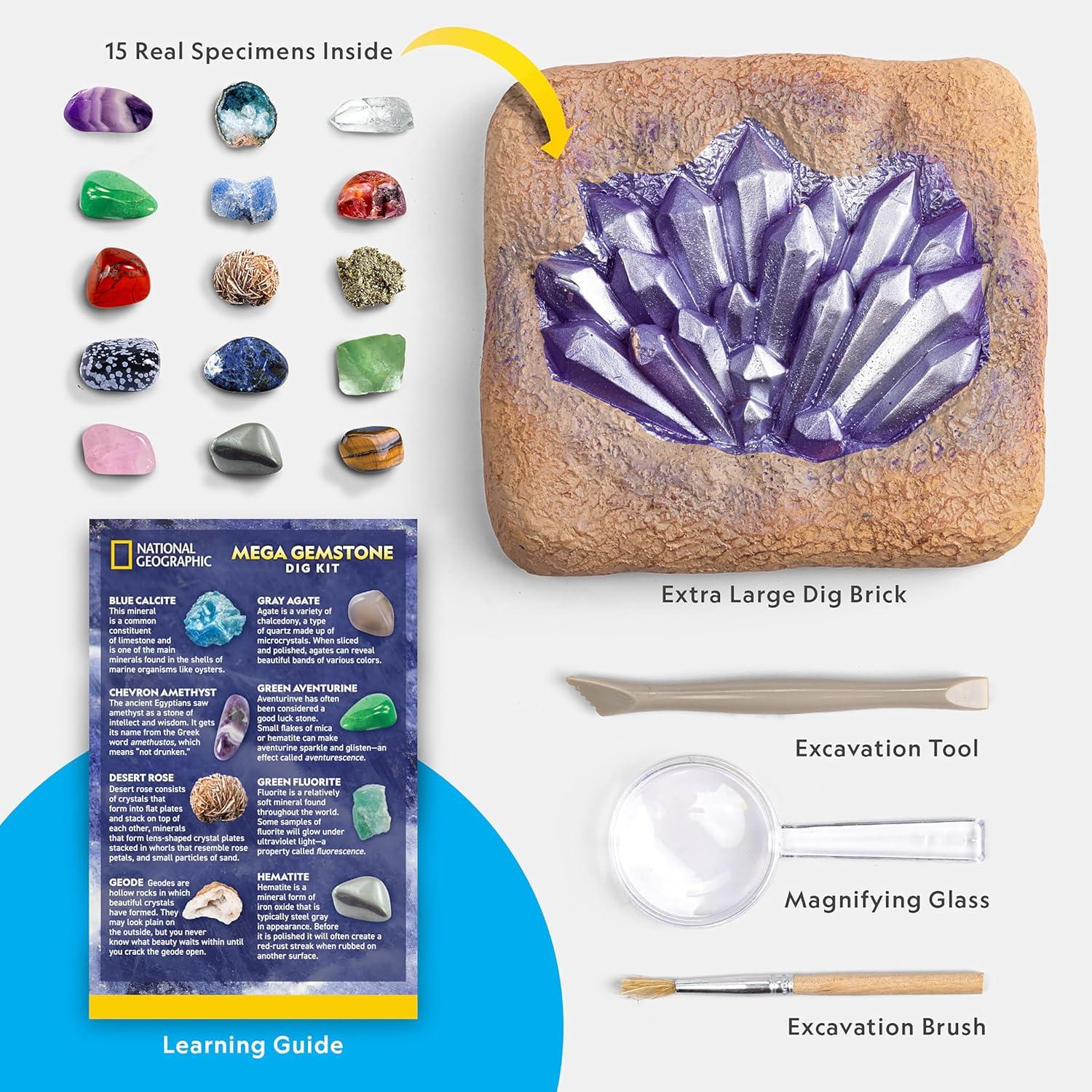National Geographic Gigantic Gemstone Dig Kit – Excavate 100 Real Gems from a Giant Dig Brick, Gem Mining Kit for Kids, STEM Rock Collection Activity, Includes Tools & Learning Guide(15 Stunning Gems)