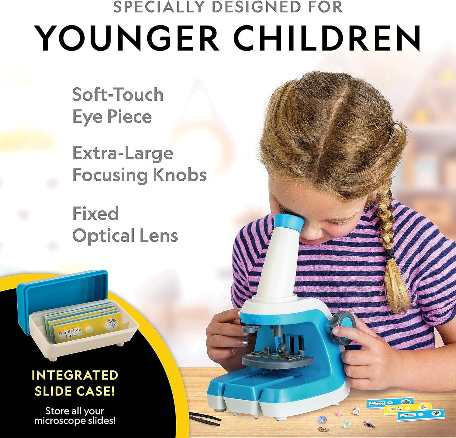 National Geographic Microscope for Kids – STEM Kit with an Easy-to-Use Kids Microscope, Up to 400x Zoom, Blank and Prepared Slides, Rock and Mineral Specimens, and More, Great Science Project Set