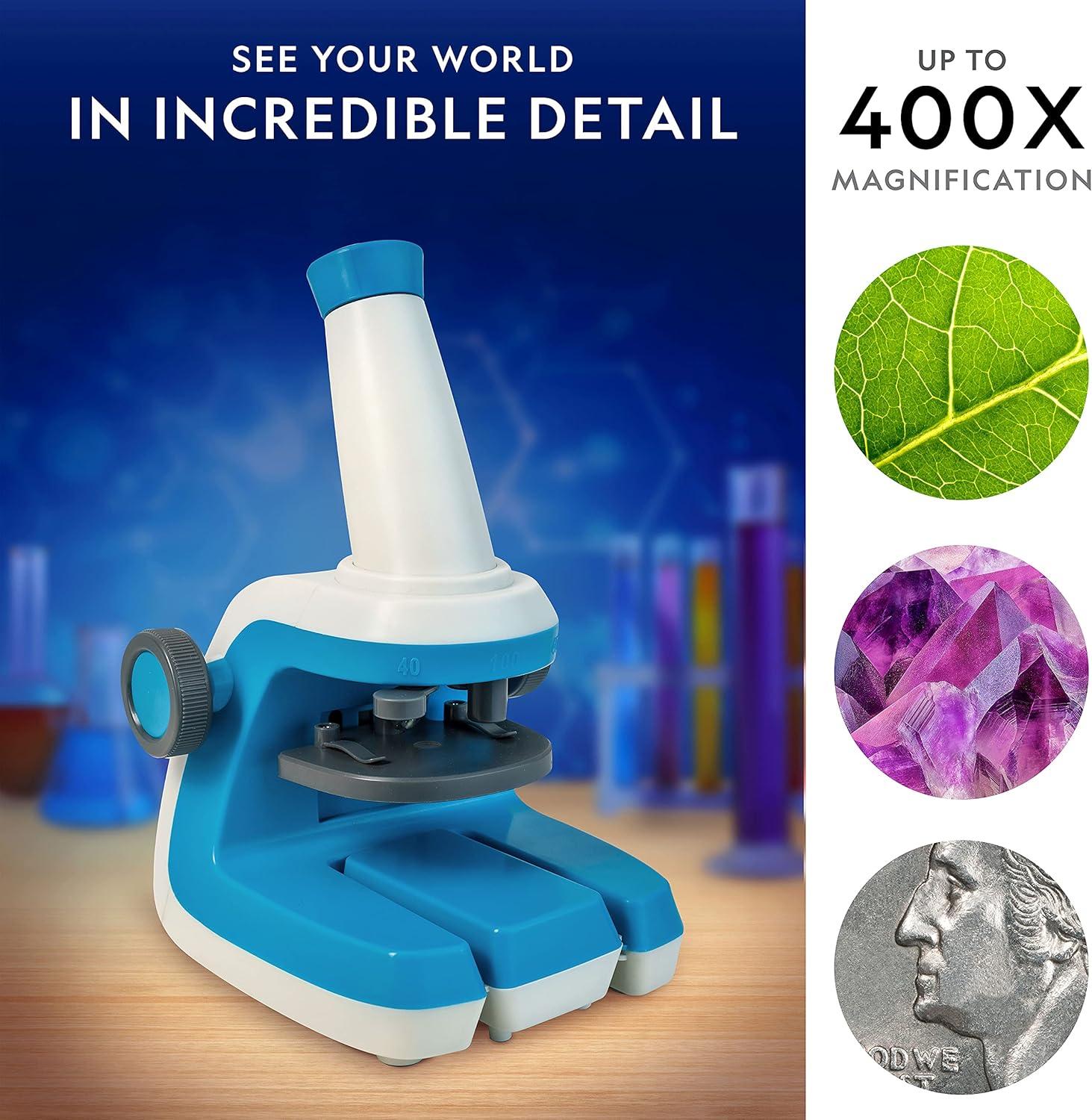 National Geographic Microscope for Kids – STEM Kit with an Easy-to-Use Kids Microscope, Up to 400x Zoom, Blank and Prepared Slides, Rock and Mineral Specimens, and More, Great Science Project Set
