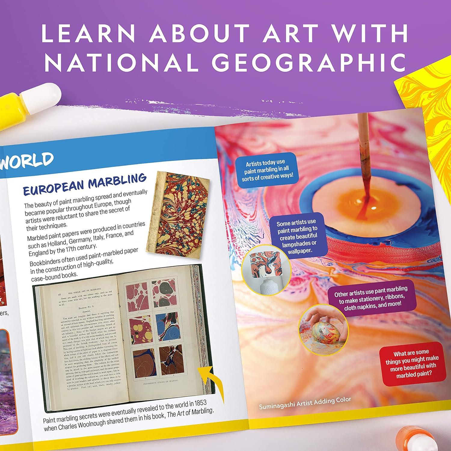 NATIONAL GEOGRAPHIC Marbling Paint Kit for Kids – Create 12 Sheets of Marble Art with Paints & Water, Painting Arts and Crafts Kit (Amazon Exclusive)(Paint Marbling Kit)