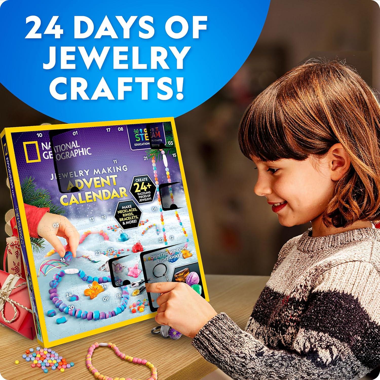 NATIONAL GEOGRAPHIC 2026 Jewelry Making Advent Calendar – Create 24+ Pieces of Jewelry, Countdown Calendar, Holiday Craft Kit for Kids with Beads, Clay, Charms & Tools, Educational Gifts(Jewelry Crafts)