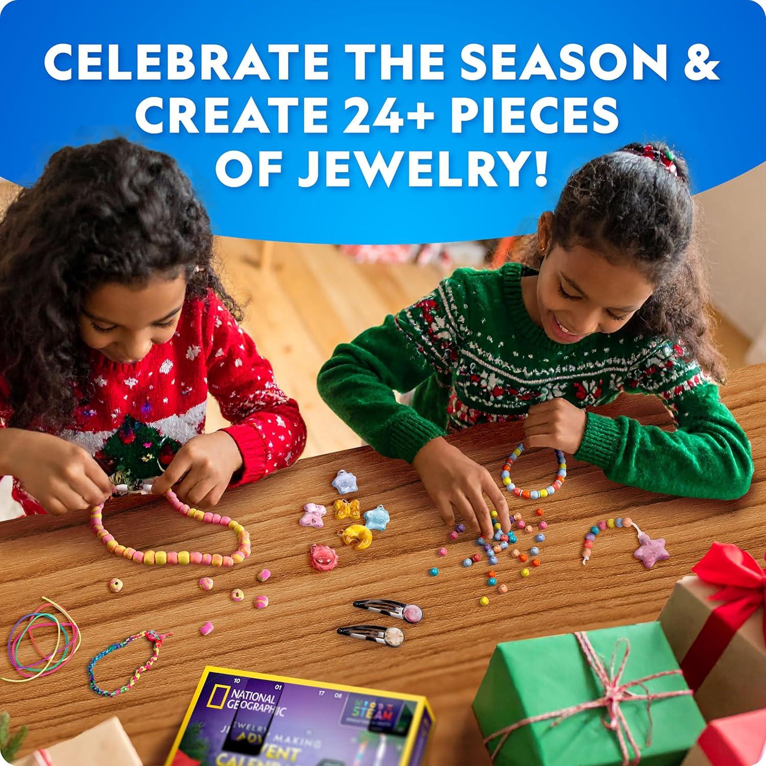NATIONAL GEOGRAPHIC 2026 Jewelry Making Advent Calendar – Create 24+ Pieces of Jewelry, Countdown Calendar, Holiday Craft Kit for Kids with Beads, Clay, Charms & Tools, Educational Gifts(Jewelry Crafts)