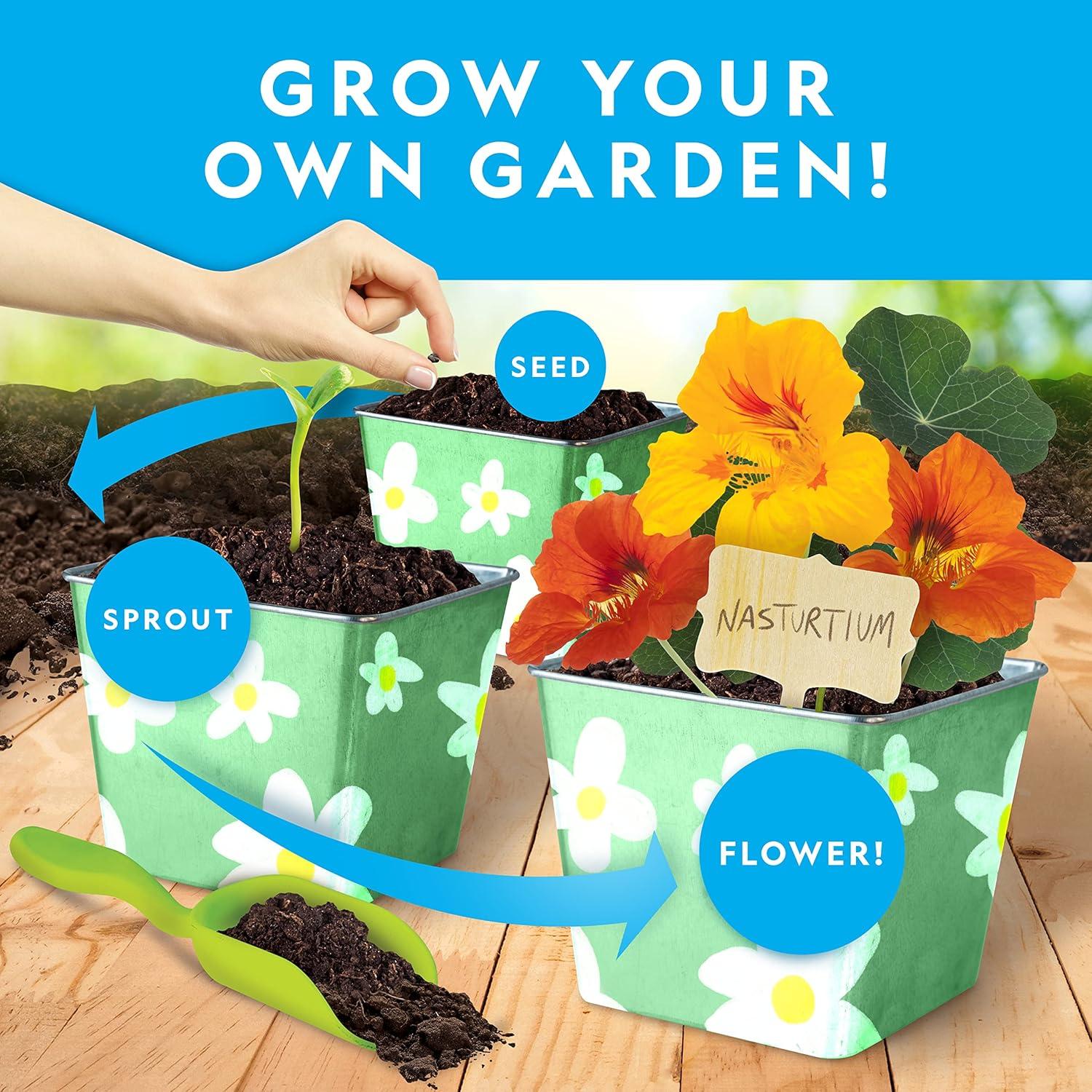 National Geographic Flower & Herb Gardening Kit for Kids – Gardening Set with 3 Stainless Steel Pots, Paint & Stickers, Kids Plant Growing Kit