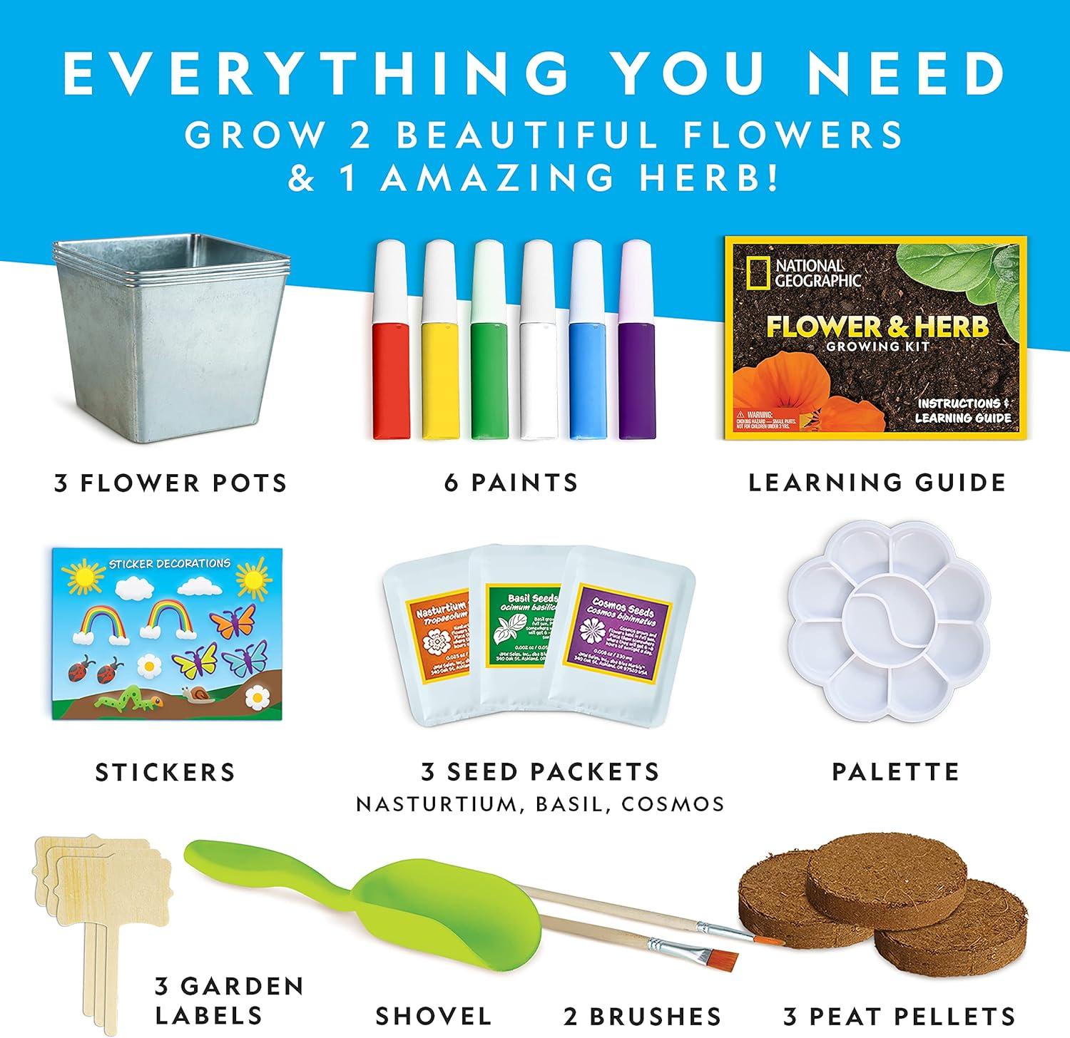National Geographic Flower & Herb Gardening Kit for Kids – Gardening Set with 3 Stainless Steel Pots, Paint & Stickers, Kids Plant Growing Kit