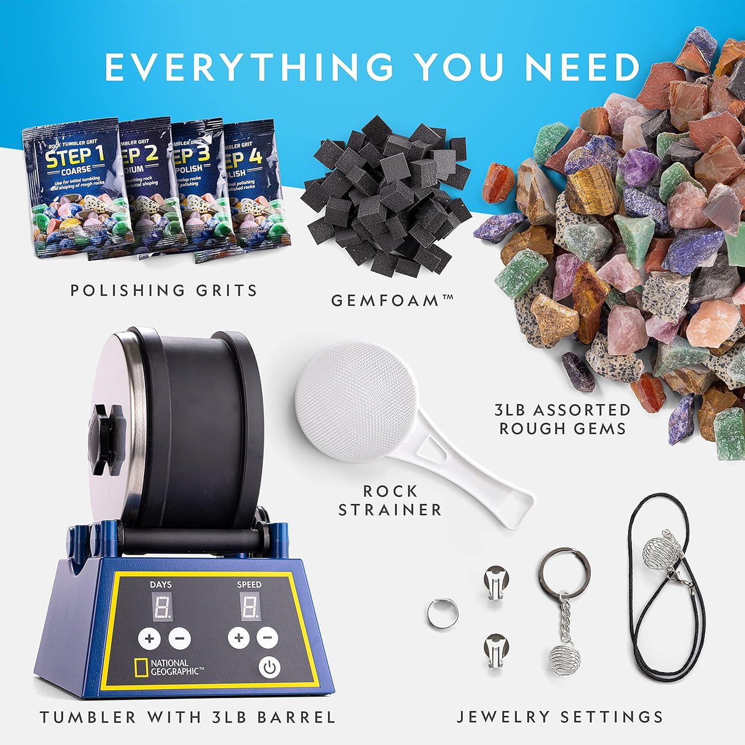 National Geographic Rock Tumbler Kit – 3 Lb. Extra Large Capacity Barrel with 3-Speed Motor & 9-Day Timer, Kit Includes Rocks for Tumbling and Rock Polisher Grit, Rock Tumbler for Adults and Kids