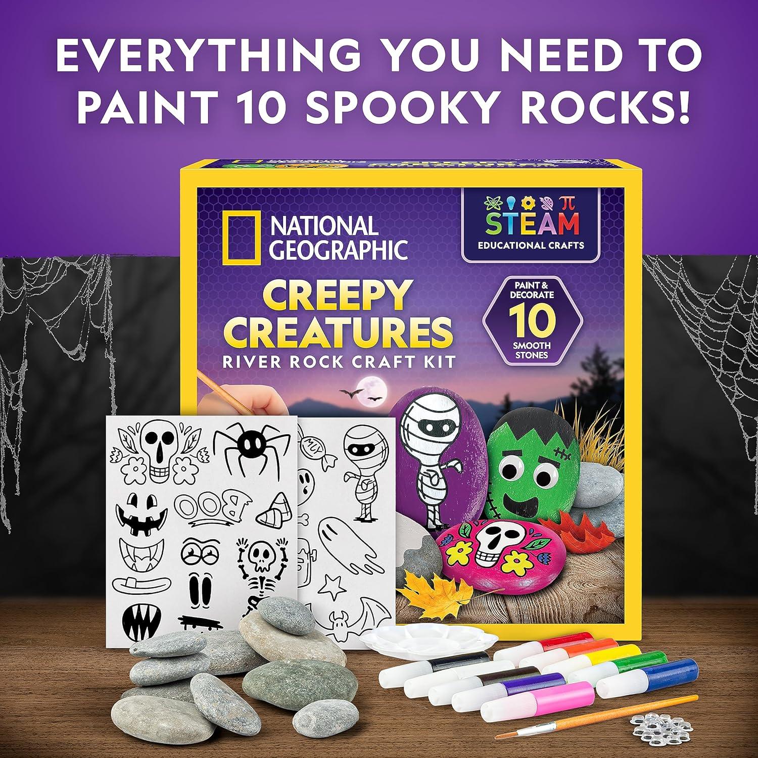 National Geographic Creepy Creatures Rock Painting Kit – Halloween Arts & Crafts Kit for Kids, Decorate 10 River Rocks with 10 Paint Colors & More Spooky Art Supplies, Halloween Gifts for Kids(Creepy Creatures)