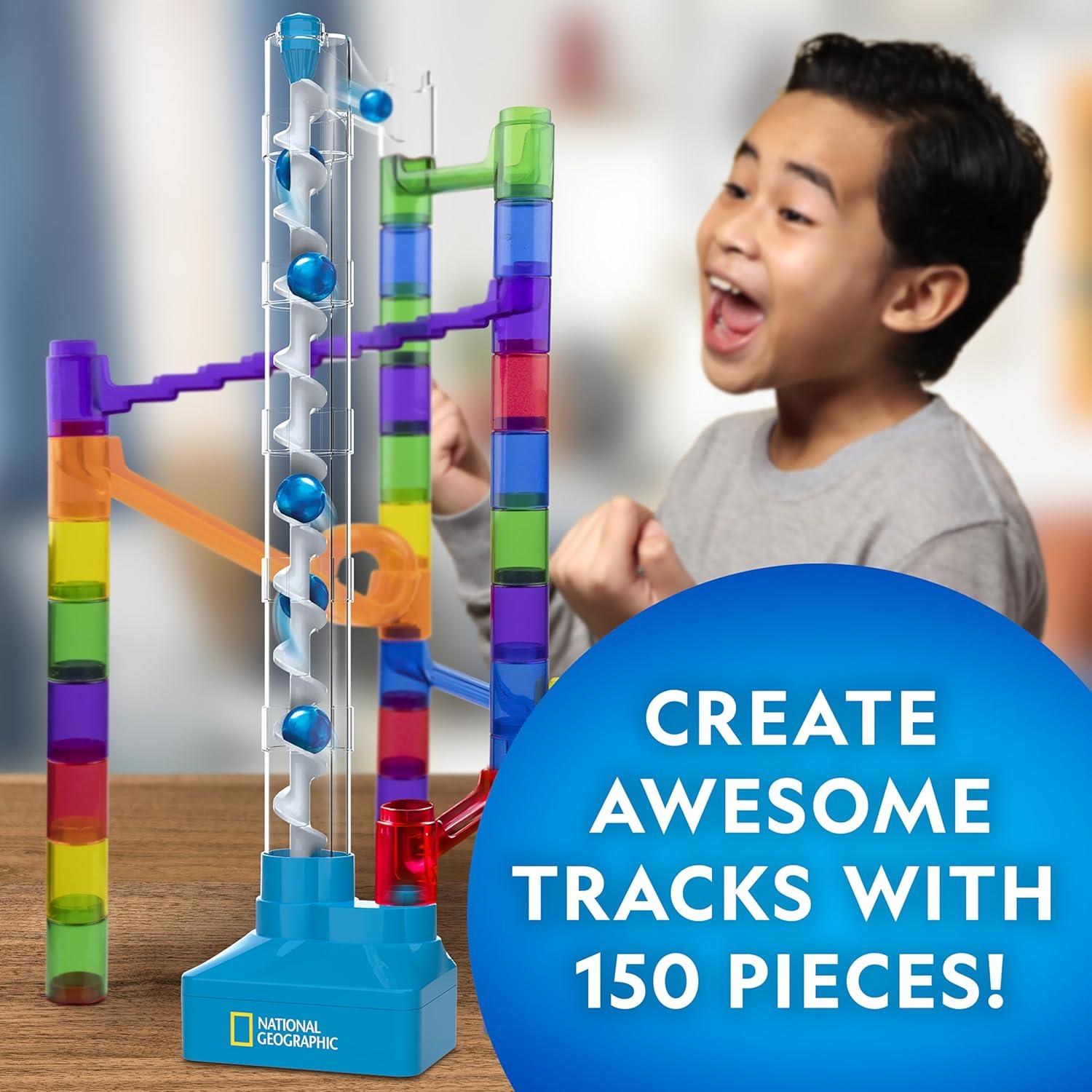 National Geographic Marble Run with Motorized Elevator – 95-Piece Marble Maze Kit with Motorized Spiral Lift, 20 Marbles, Perpetual Motion Machine, STEM Gifts for Boys and Girls, Kids Physics Toys(150-Piece Marble Maze Kit)