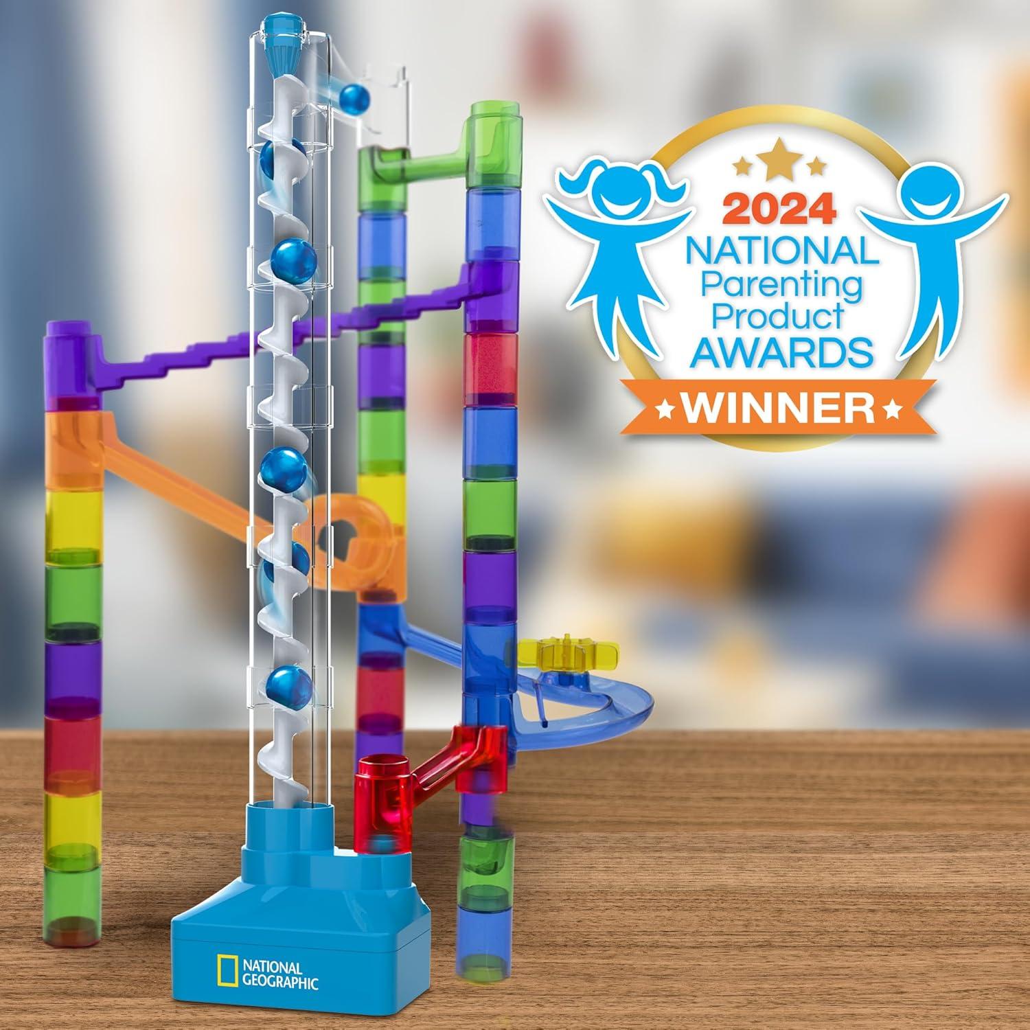 National Geographic Marble Run with Motorized Elevator – 95-Piece Marble Maze Kit with Motorized Spiral Lift, 20 Marbles, Perpetual Motion Machine, STEM Gifts for Boys and Girls, Kids Physics Toys(150-Piece Marble Maze Kit)