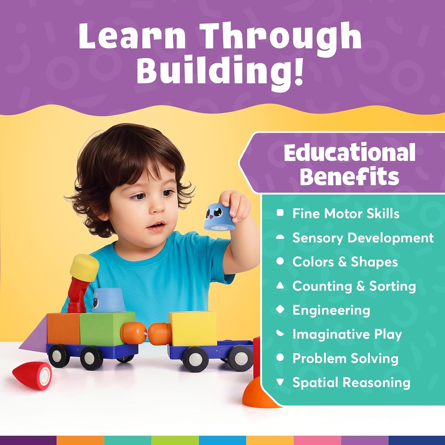 Blockaroo Magnetic Foam Building Blocks 15-Piece Train Set for Toddlers | Soft Magnetic Foam Blocks, Train-Themed Pieces, 360-Degree Rotation, Sensory Play, Preschool Learning, Ages 2+