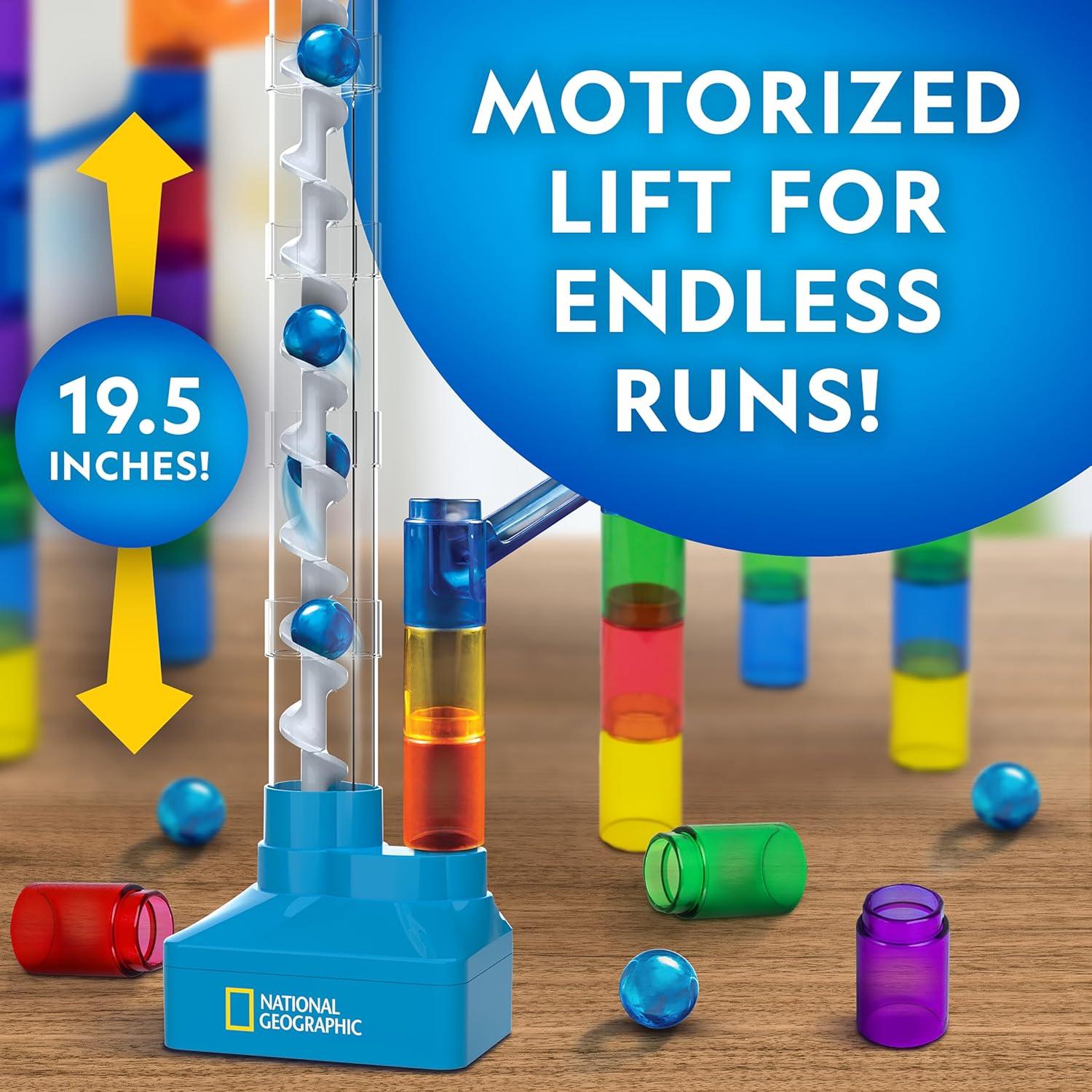 National Geographic Marble Run with Motorized Elevator – 95-Piece Marble Maze Kit with Motorized Spiral Lift, 20 Marbles, Perpetual Motion Machine, STEM Gifts for Boys and Girls, Kids Physics Toys(95-Piece Marble Maze Kit)