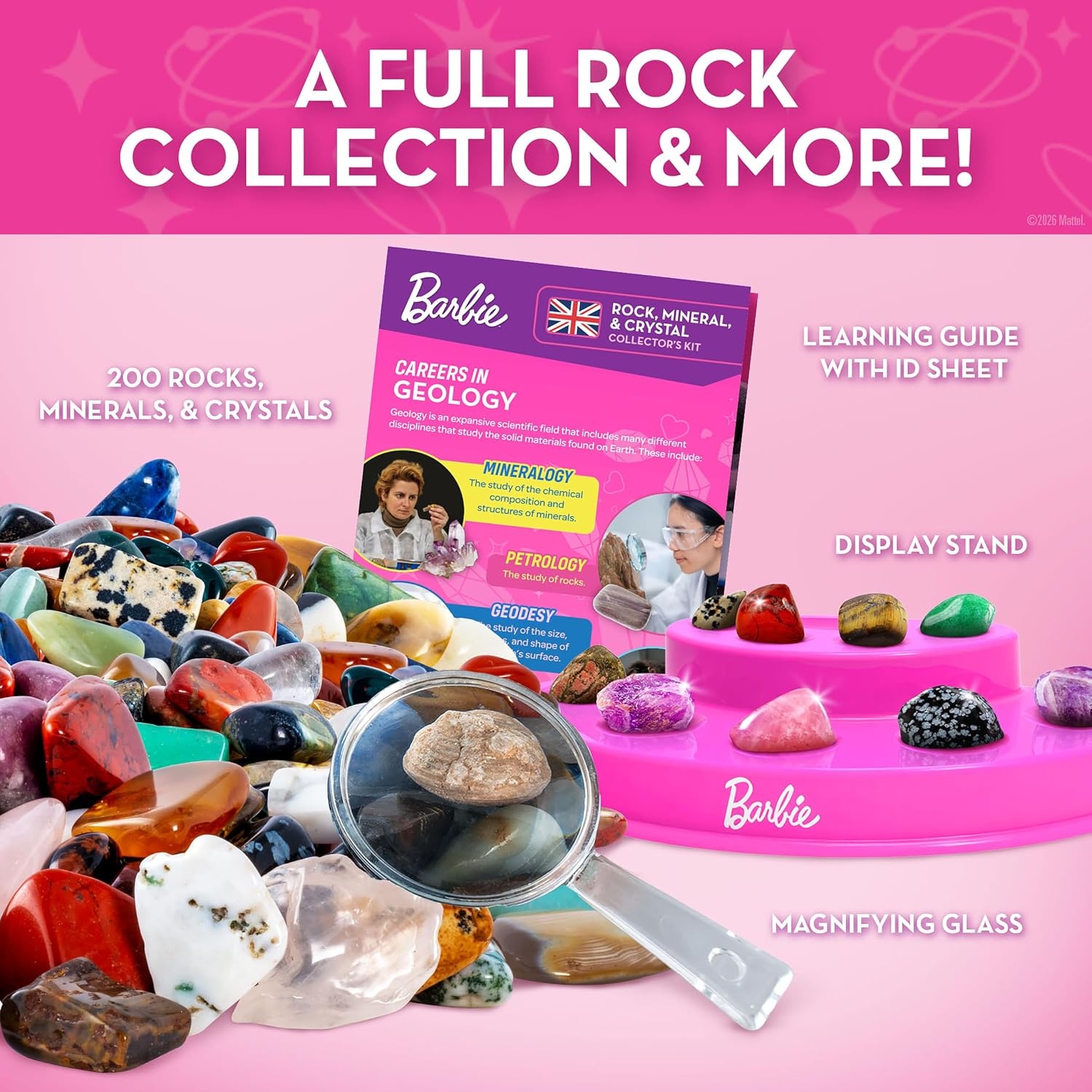 Barbie Rock Collection Box with 200 Rocks, Minerals, Crystals, and Geode