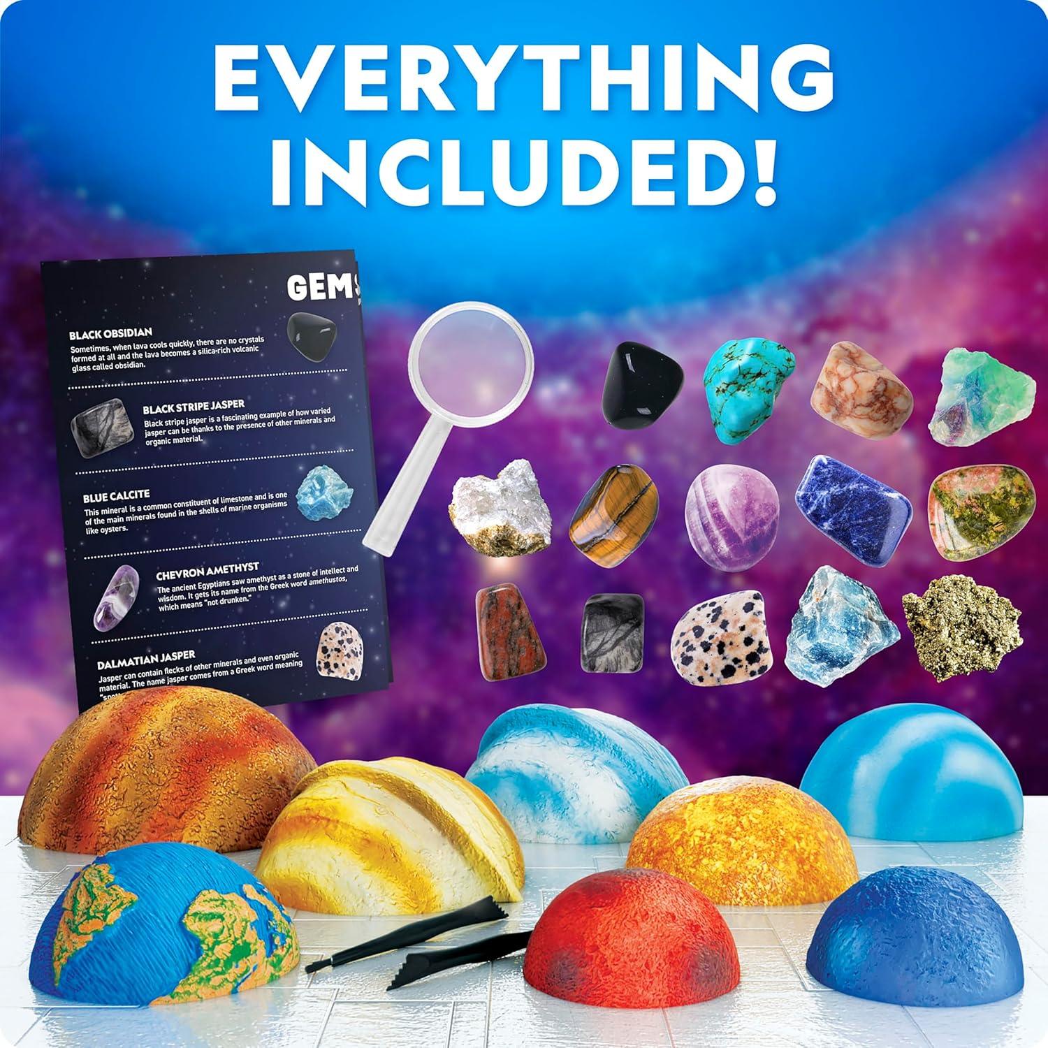 National Geographic Ultimate Space Gemstone Dig Kit – 8 Planet-Shaped Bricks with 16 Real Rock & Gemstone Specimens, Gems for Kids, Excavation Digging Activity, Gem Mining Kit(8 Planet-shaped Dig Bricks)