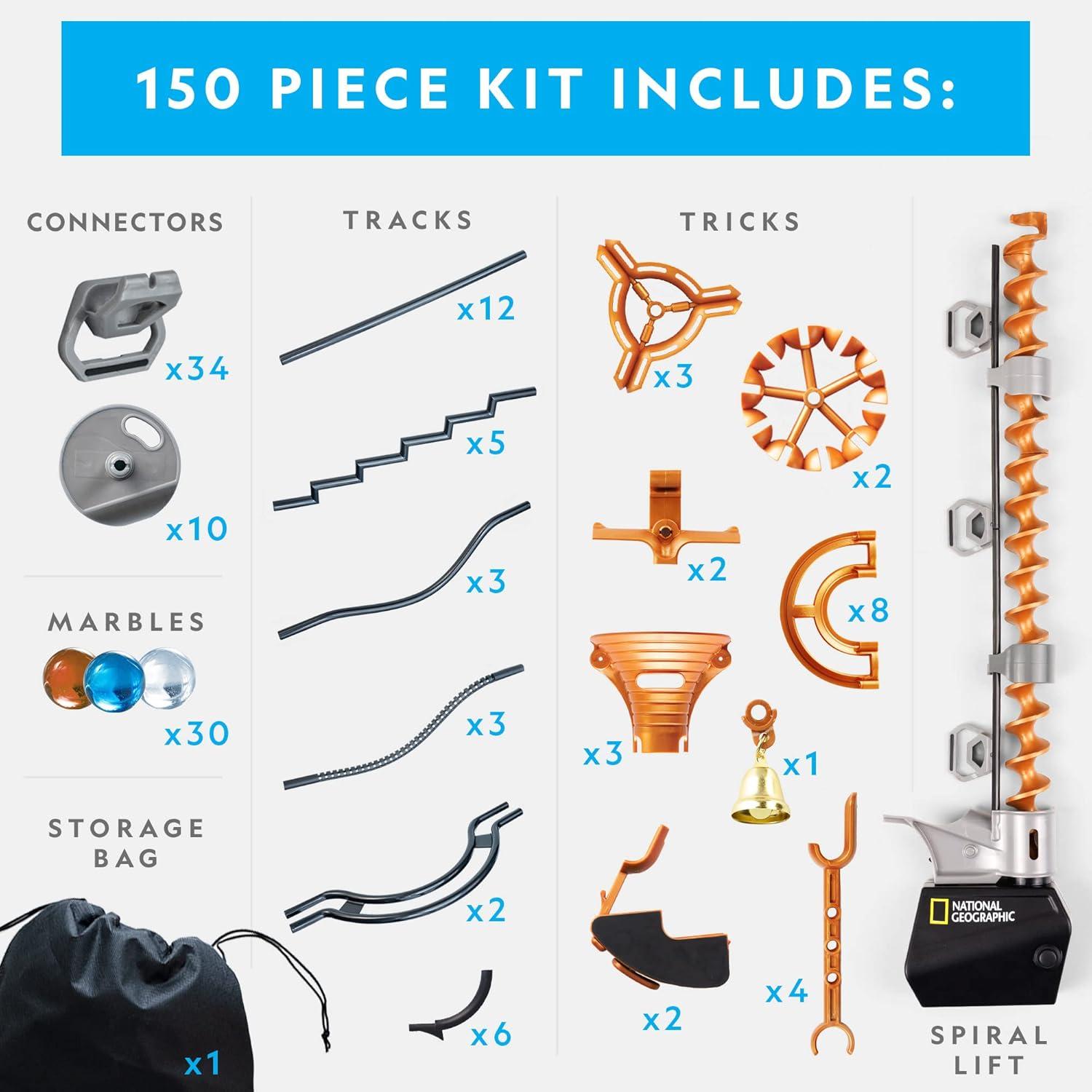 National Geographic Magnetic Marble Run – 75-Piece STEM Building Set for Kids & Adults with Magnetic Track & Trick Pieces & Marbles for Building A Marble Maze, STEM Project(150-Piece Set)