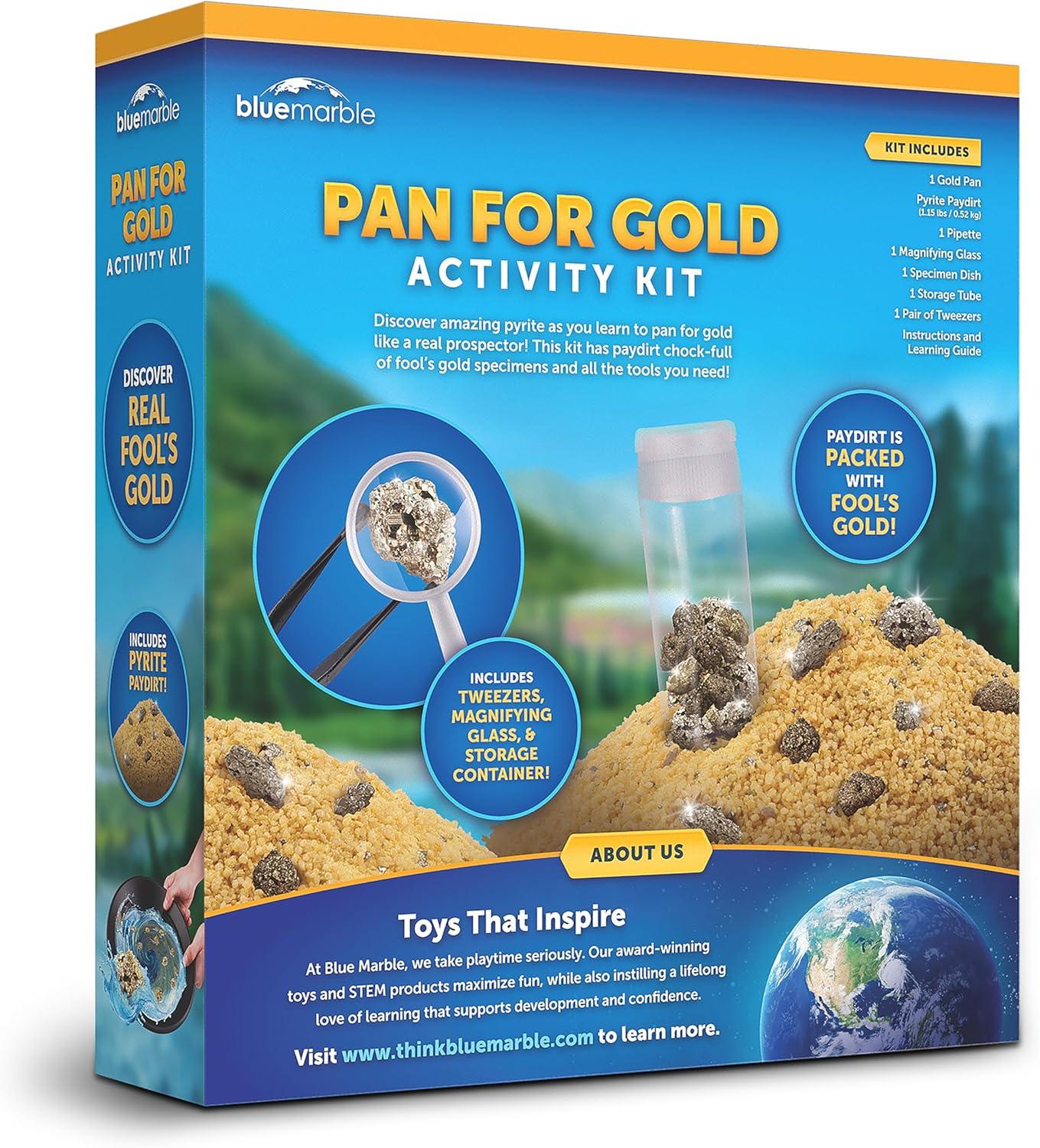 Blue Marble Gold Panning Kit for Kids – Learn to Pan for Gold, Includes Pay Dirt with Real Pyrite Specimens, Reusable Panning Pan, Vial, Tweezers & More