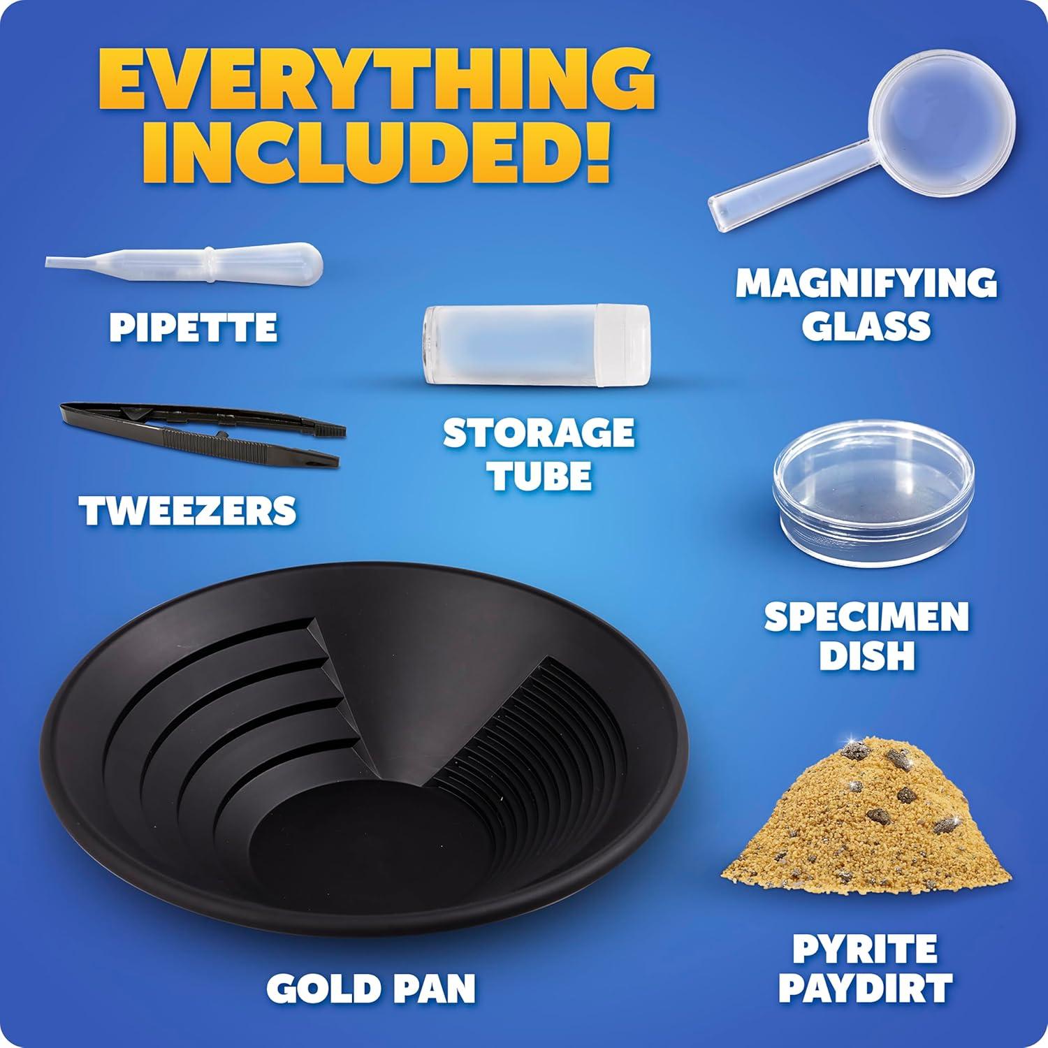 Blue Marble Gold Panning Kit for Kids – Learn to Pan for Gold, Includes Pay Dirt with Real Pyrite Specimens, Reusable Panning Pan, Vial, Tweezers & More