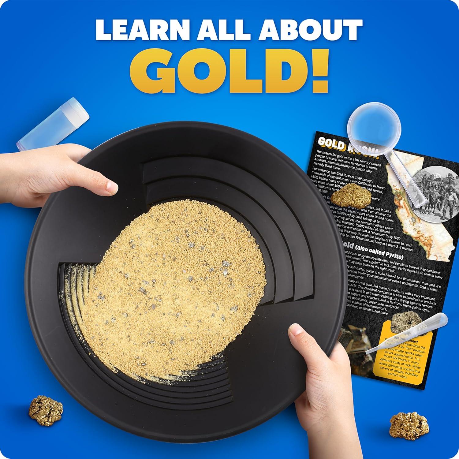 Blue Marble Gold Panning Kit for Kids – Learn to Pan for Gold, Includes Pay Dirt with Real Pyrite Specimens, Reusable Panning Pan, Vial, Tweezers & More