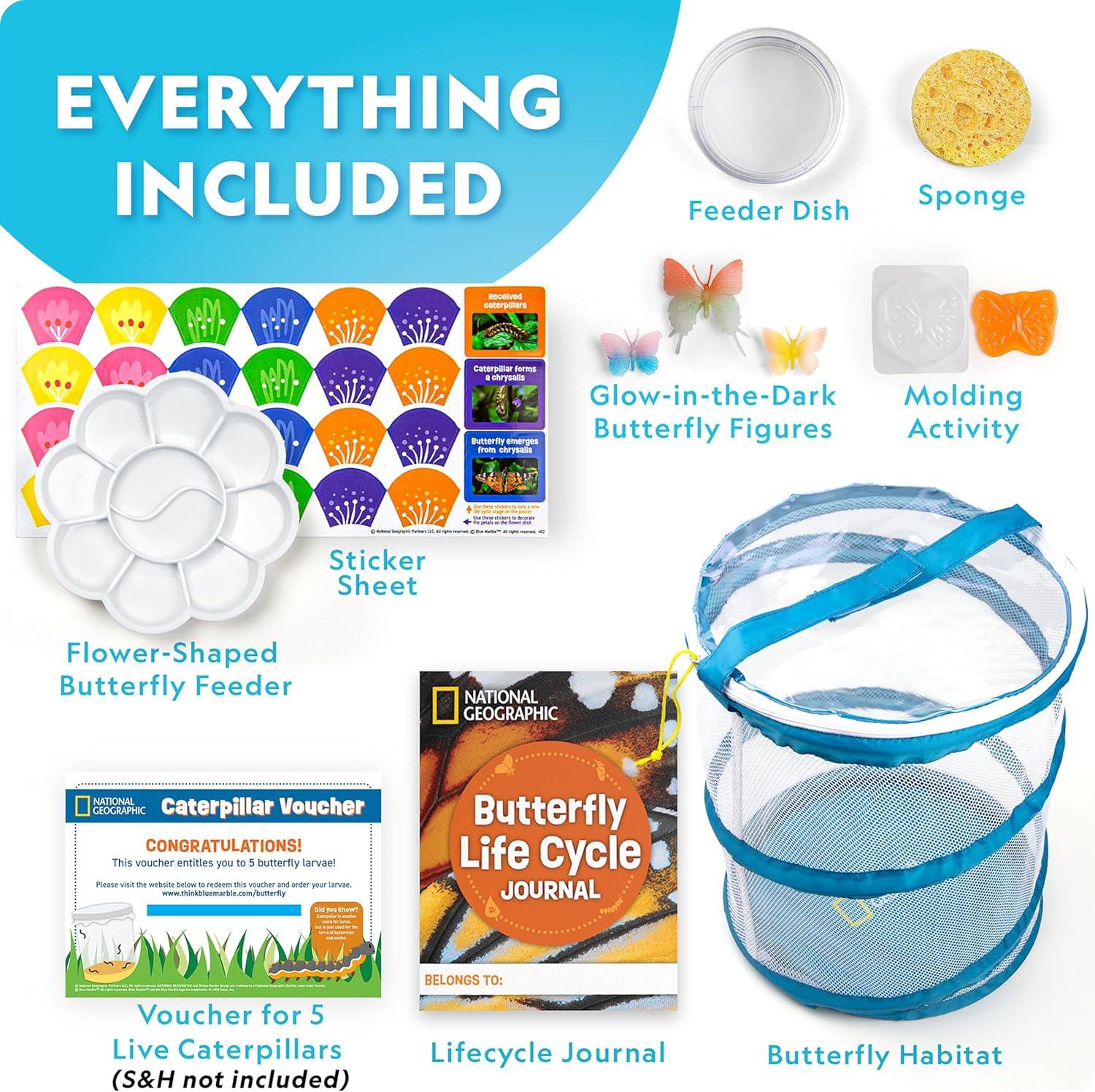 National Geographic Butterfly Growing Kit – Butterfly Habitat Kit with Voucher to Redeem 5 Caterpillars (S&H Not Included), Butterfly Cage, Feeder (Amazon Exclusive)(Ultimate Butterfly Kit)