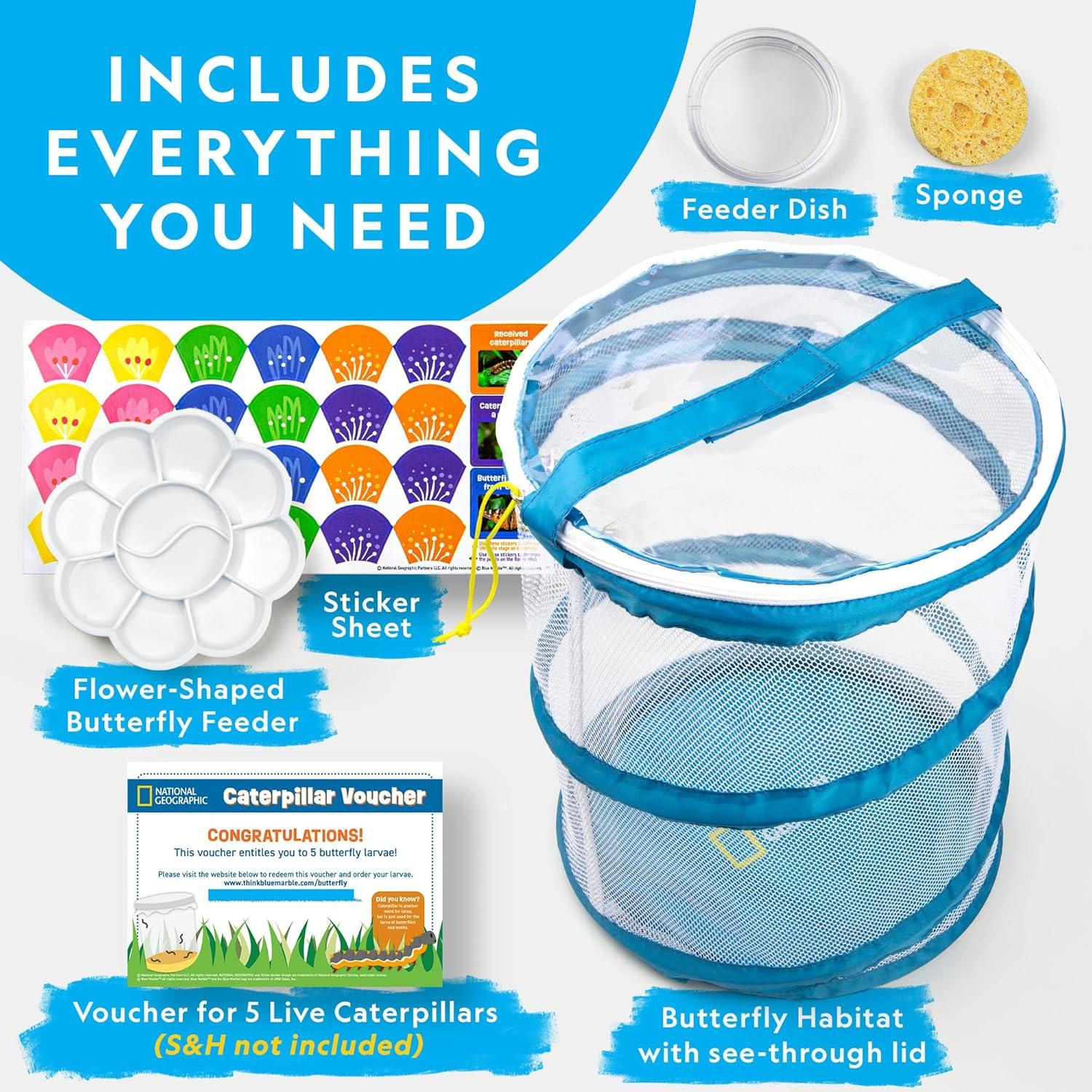 National Geographic Butterfly Growing Kit – Butterfly Habitat Kit with Voucher to Redeem 5 Caterpillars (S&H Not Included), Butterfly Cage, Feeder (Amazon Exclusive)(Starter Butterfly Kit)