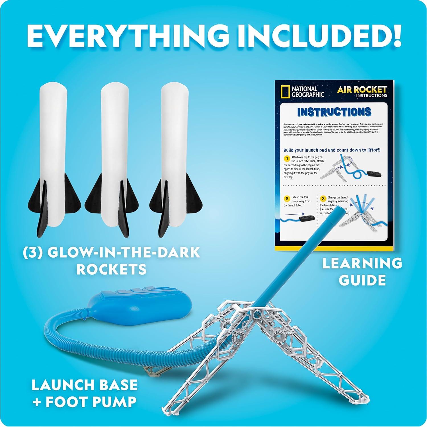 National Geographic Air Rocket Launcher Science Kit – Jump & Launch Glow-in-the-Dark Foam Rockets up to 100 Feet, Outdoor Toys for Kids 8–12, Backyard STEM Activity with Adjustable Launch Base(Glow in the Dark Rocket Launcher)