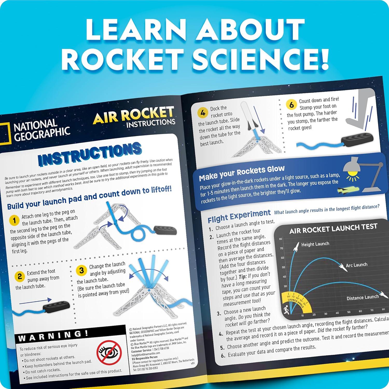 National Geographic Air Rocket Launcher Science Kit – Jump & Launch Glow-in-the-Dark Foam Rockets up to 100 Feet, Outdoor Toys for Kids 8–12, Backyard STEM Activity with Adjustable Launch Base(Glow in the Dark Rocket Launcher)