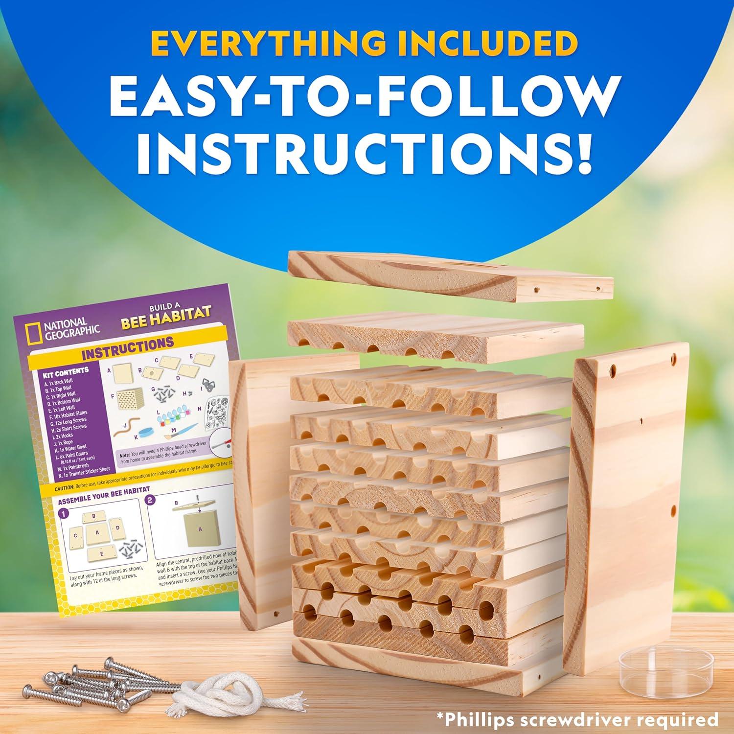 National Geographic Build a Bee Habitat Craft Kit for Kids – Paint & Build a House for Mason Bees, Outdoor Arts & Crafts, Nature Learning Activity, DIY Pollinator Garden Craft, Solitary Bee Hotel(DIY Bee Habitat)