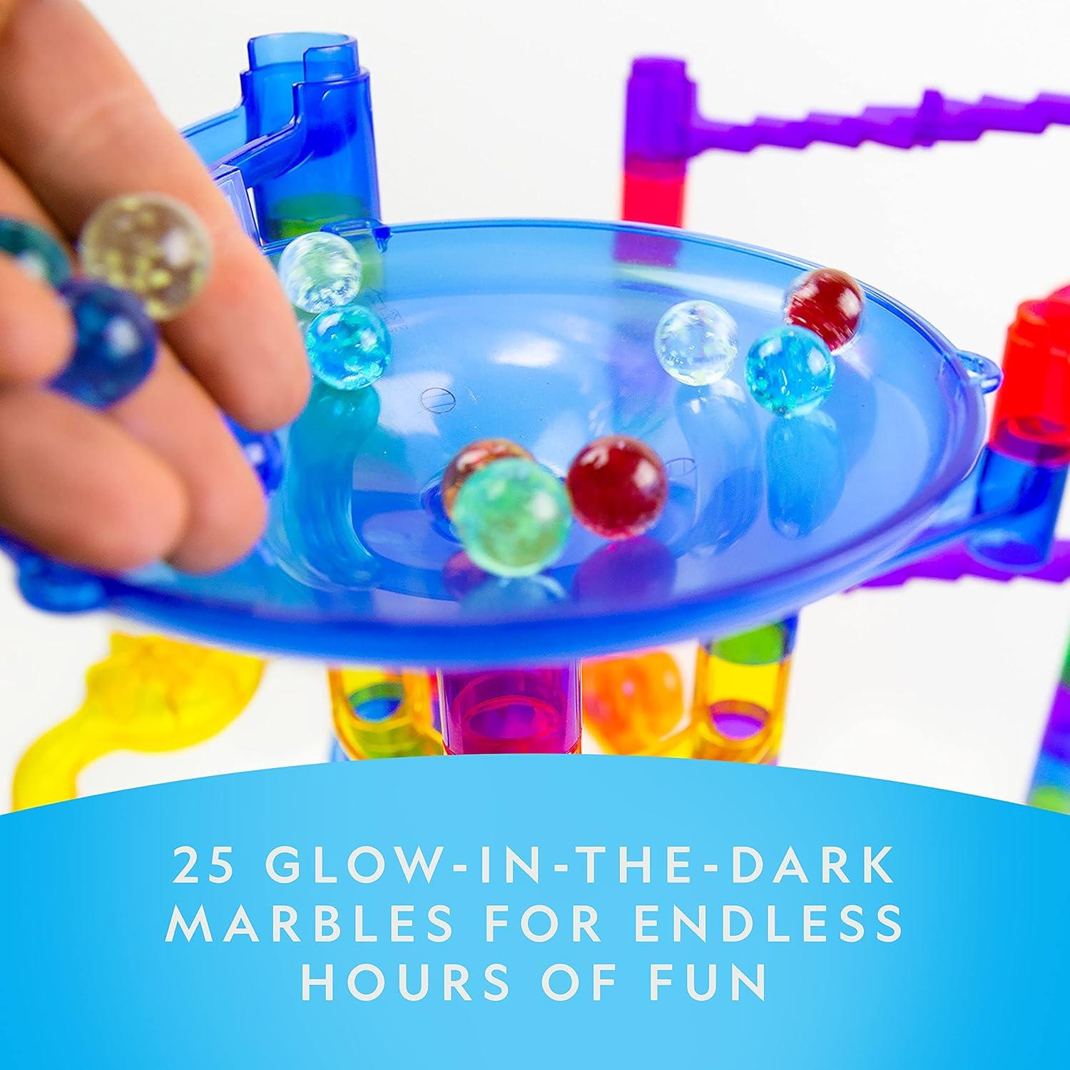NATIONAL GEOGRAPHIC Glowing Marble Run – 250 Piece Construction Set with 50 Glow in The Dark Glass Marbles & Storage Bag, STEM Gifts for Boys and Girls, Building Project Toy (Amazon Exclusive)(Glowing Marbles)