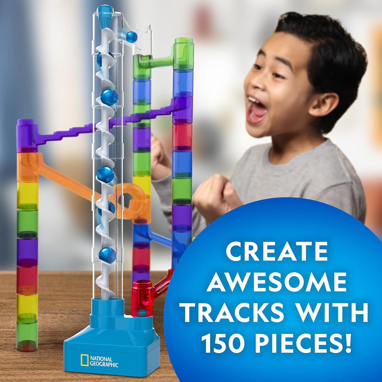 National Geographic Glow-in-the-Dark Motorized Marble Run for Kids 8-12(150-Piece Marble Run)