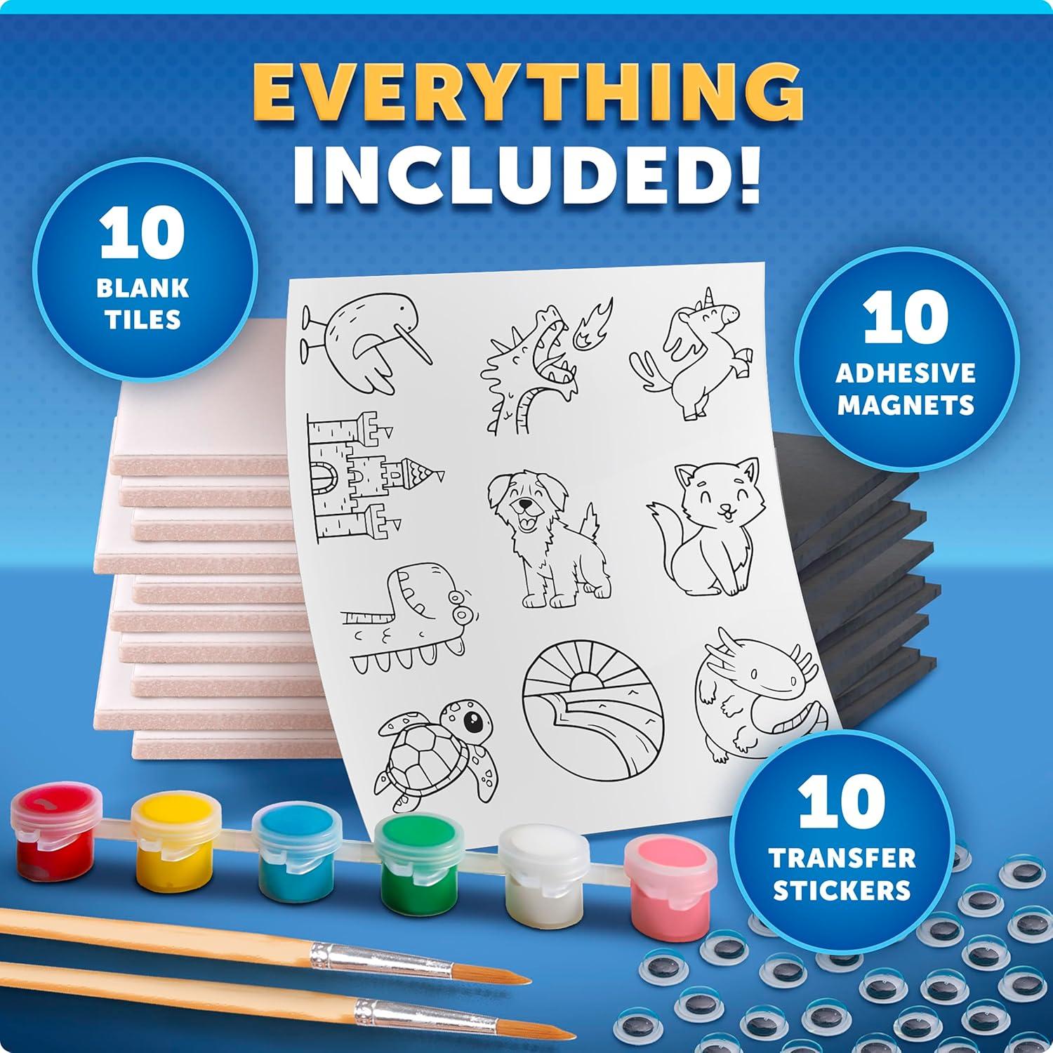 Blue Marble Magnetic Tile Art Craft Kit – Paint Your Own Magnetic Mini Tiles, Includes 10 Tiles, Magnets, 6 Paints, Brush, Googly Eyes & Transfer Stickers, Magnet Art Kit, DIY Magnets for Kids