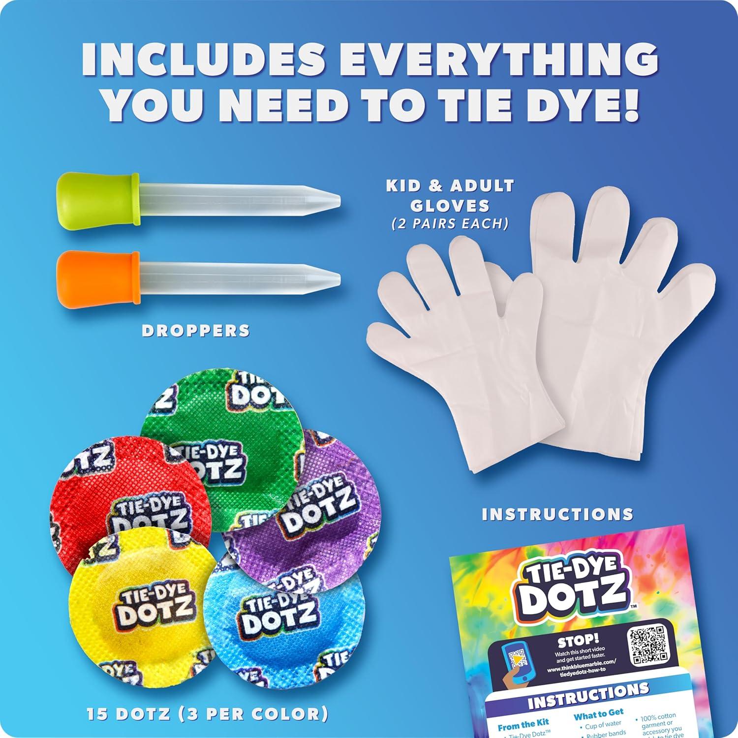 Blue Marble Tie-Dye Dotz 10-Piece Set – Make Vibrant, Colorful Tie Dye Designs with Dotz, Dropper, and Gloves – Fun and Easy Craft Kit for Kids and Beginners(15-Piece Set)