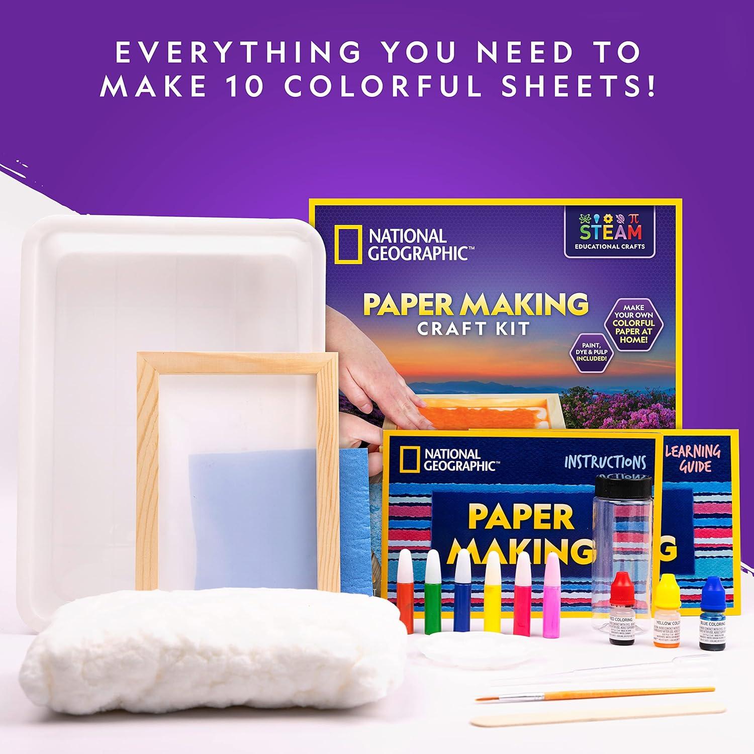 NATIONAL GEOGRAPHIC Kids Paper Making Kit – Make & Decorate 10 Sheets of Craft Paper, Includes Wooden Silk Screen Mold, Paints & More, Fun Art Kit for Scrapbooking & Other Kids Arts & Crafts Projects
