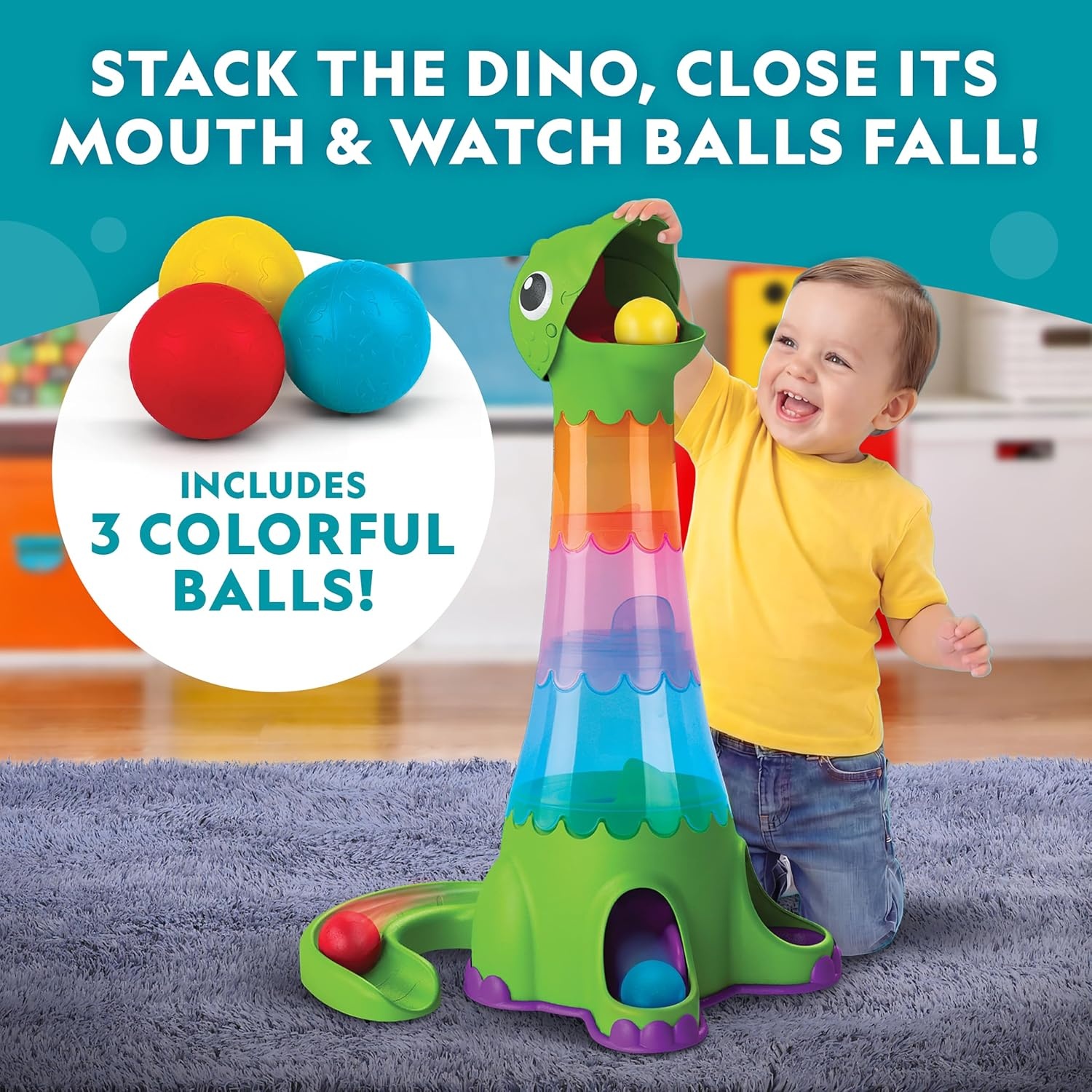 National Geographic Kids Dino Stacking Tower Ball Drop Toy for 1-3+ Year Old Boys and Girls – 2-Foot Tall Dinosaur Ball Drop Tower with Stacking Play, Toddler Cause-and-Effect Toy, Includes 3 Balls